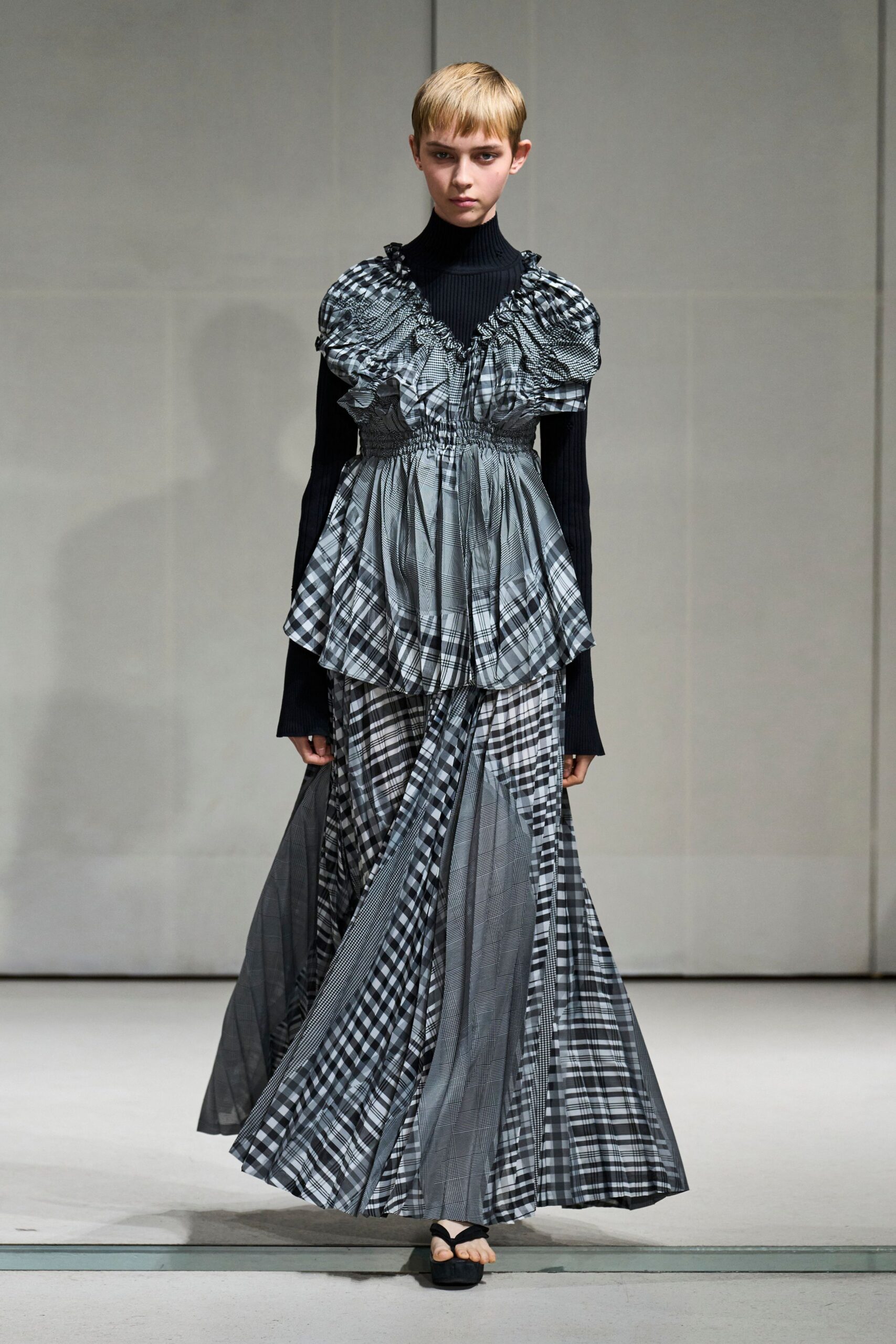 patchwork plaid ruffled maxi dress