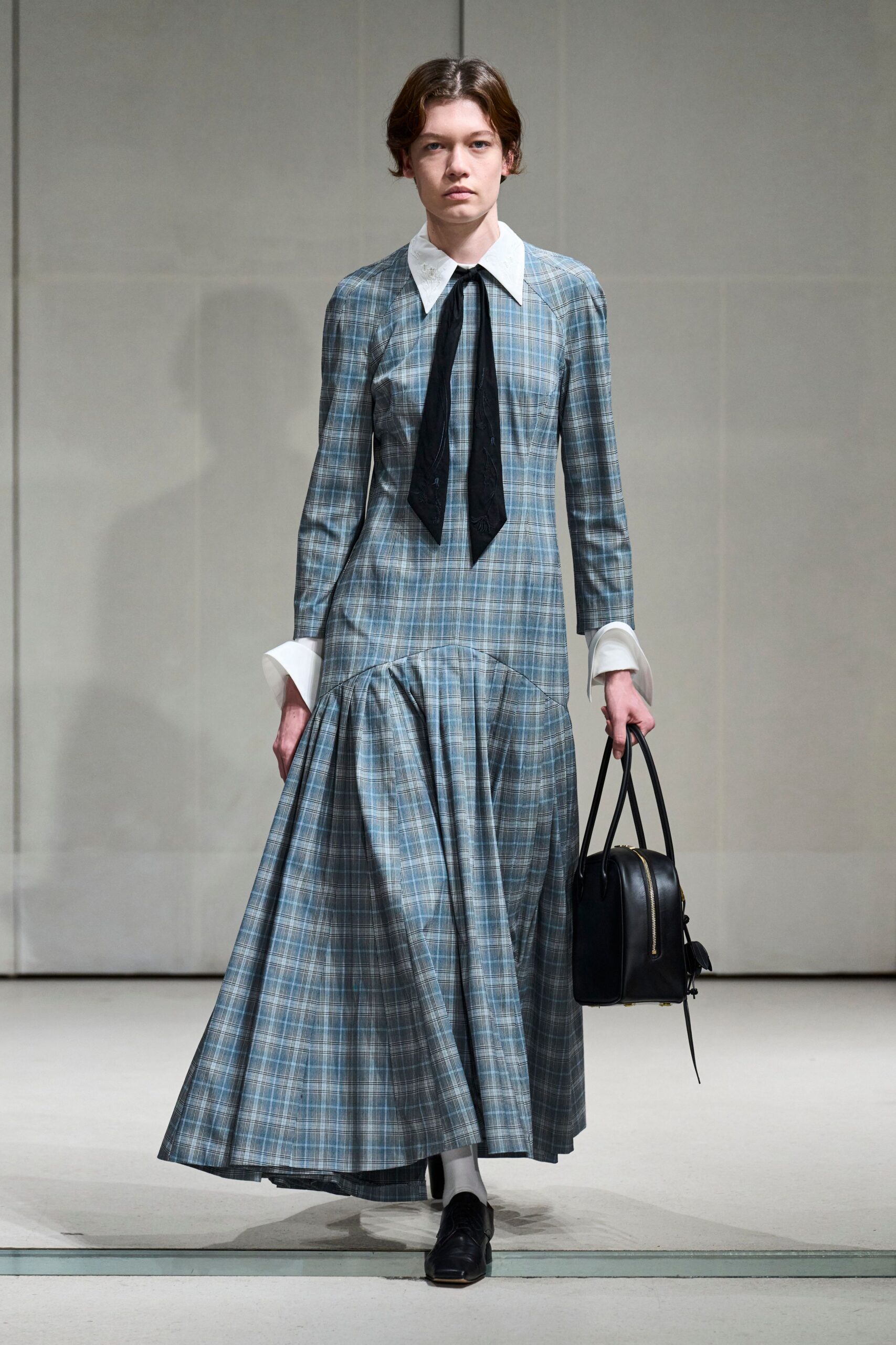 blue plaid drop-waist maxi dress