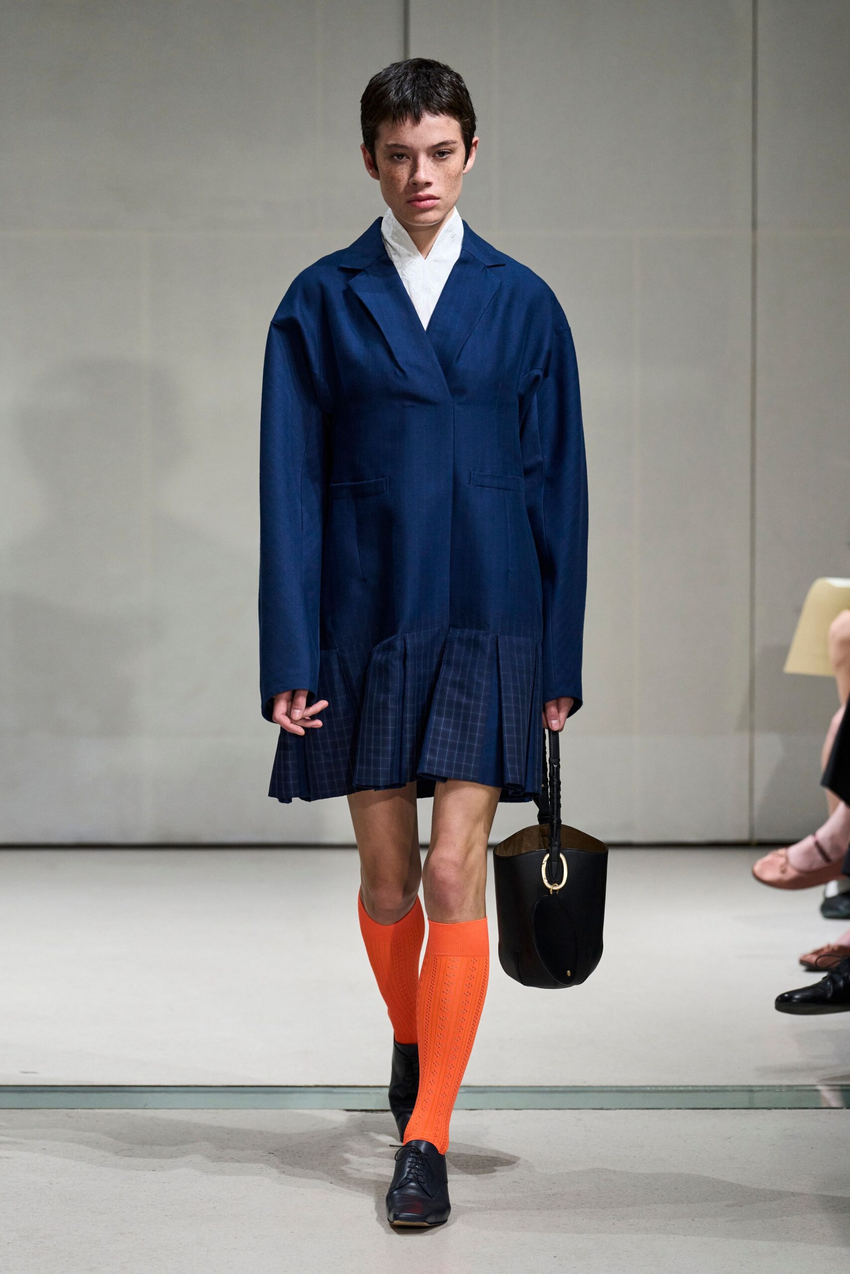 navy pleated blazer dress