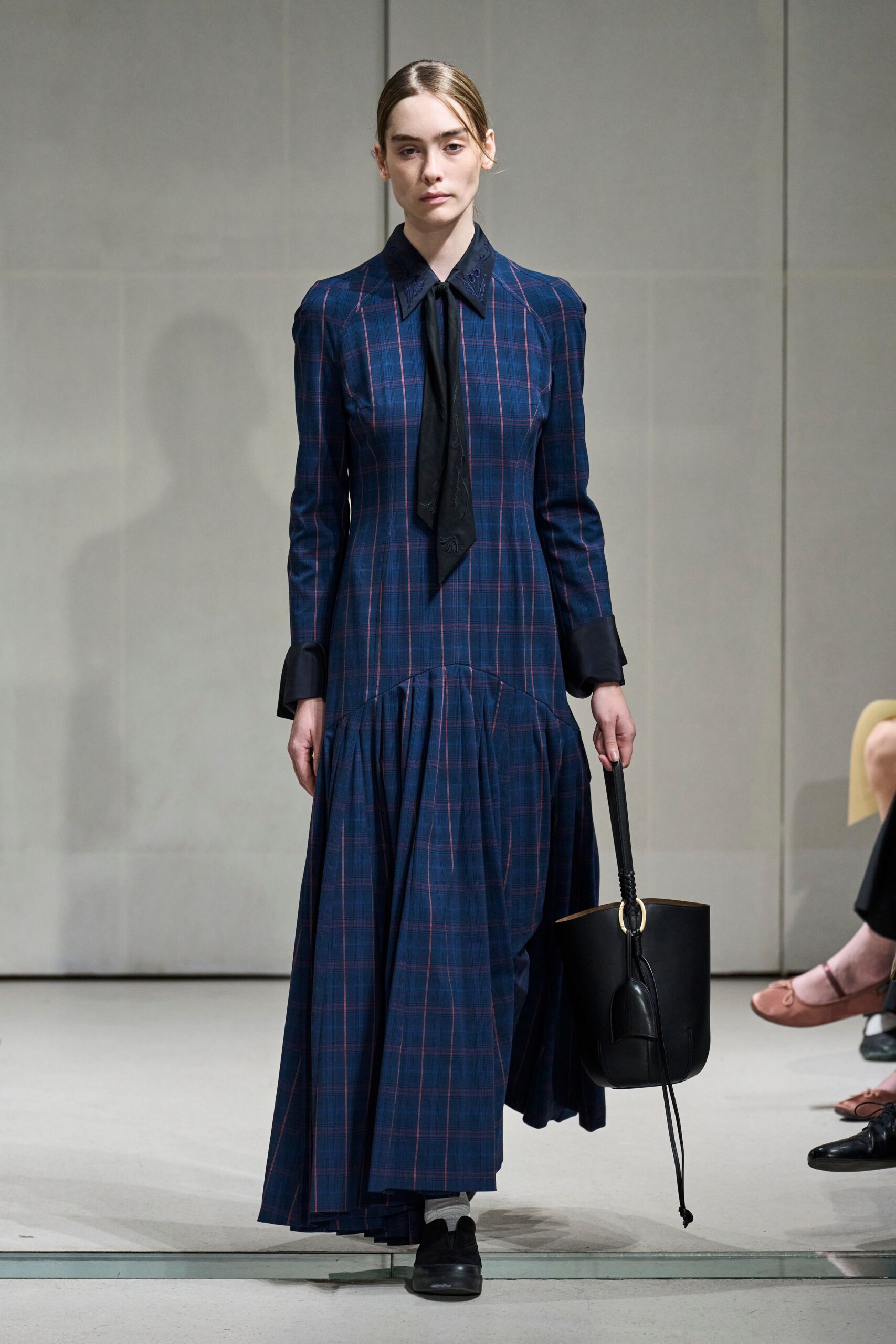blue plaid drop-waist maxi dress
