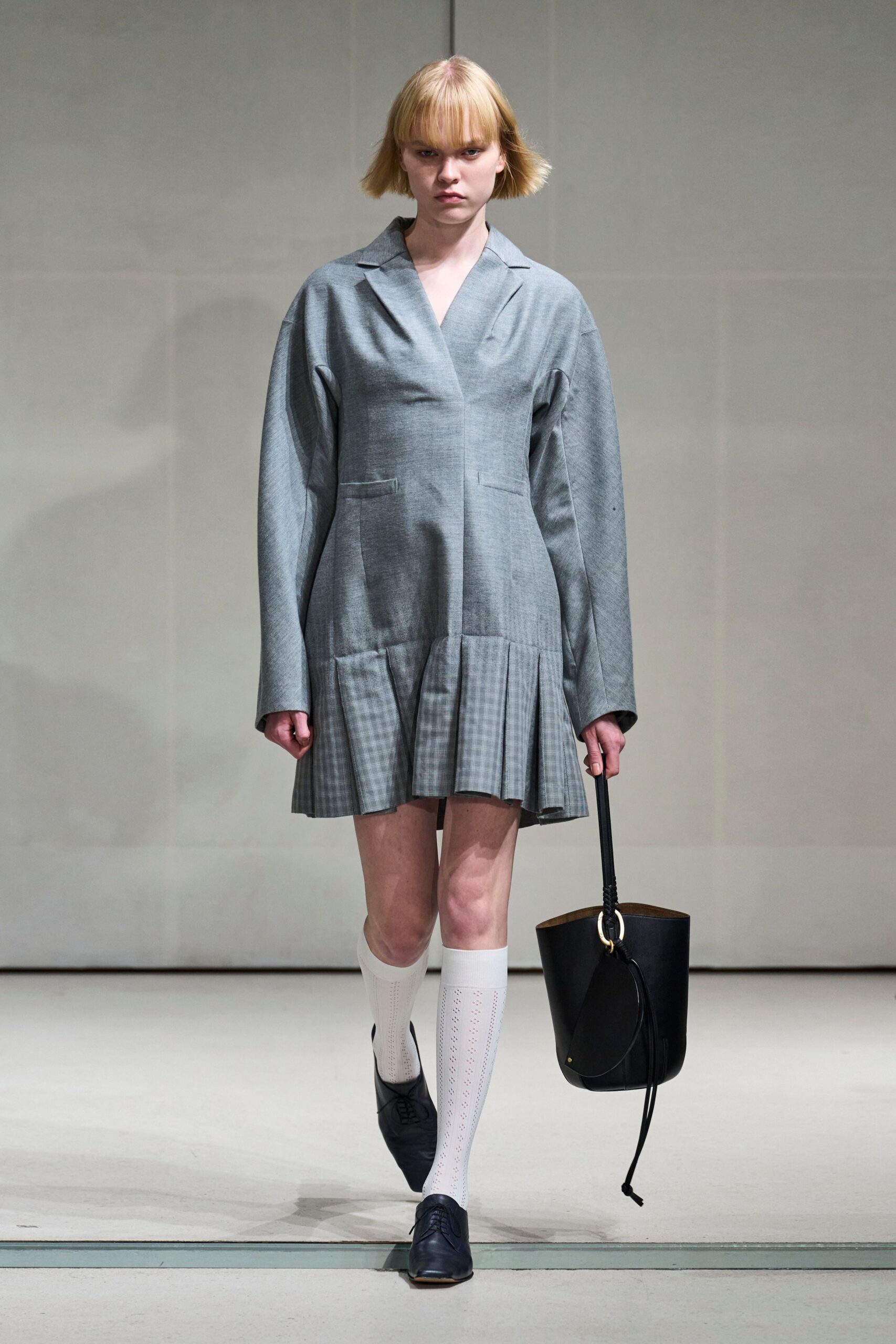 gray pleated drop-waist mini dress