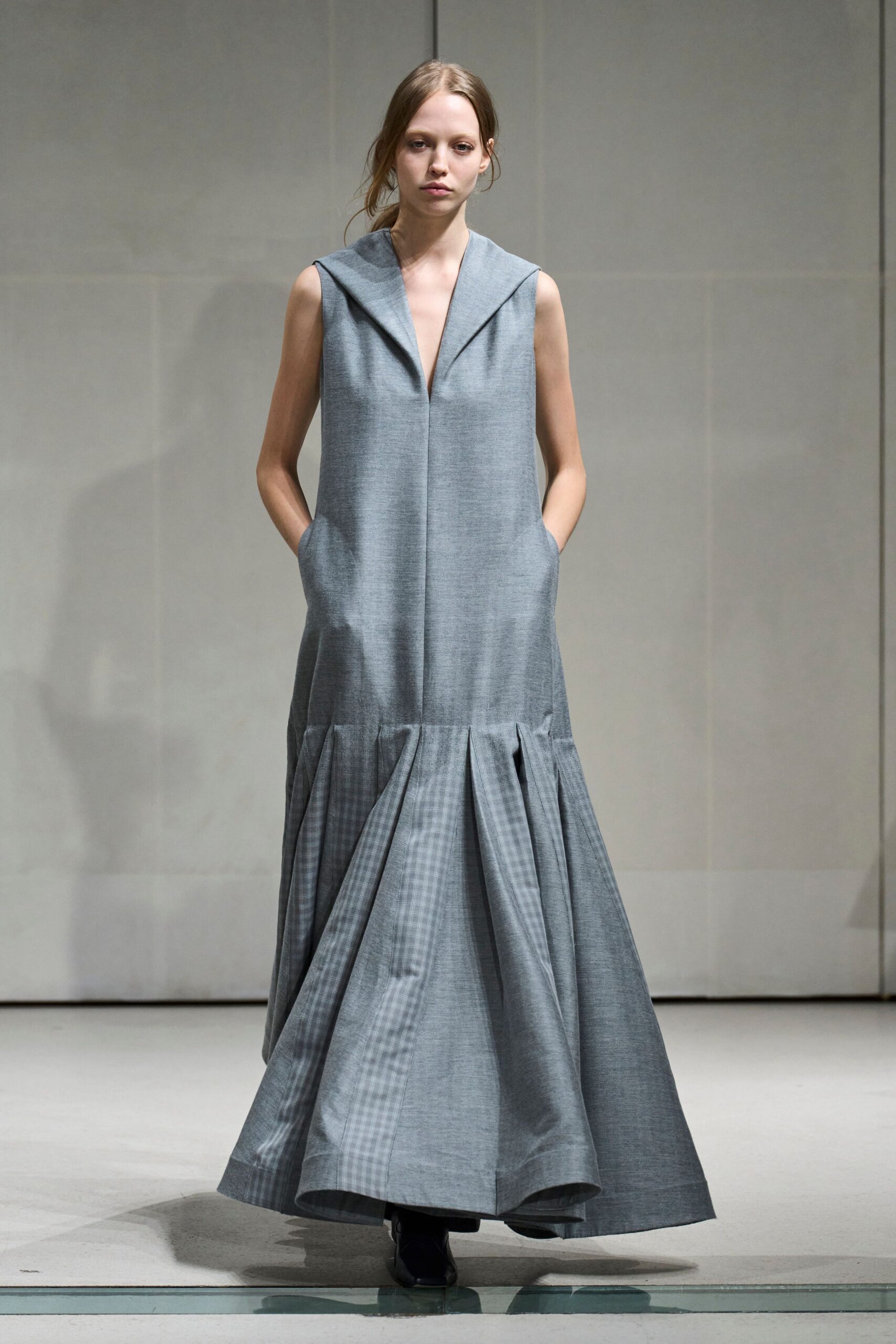 gray drop-waist pleated evening gown