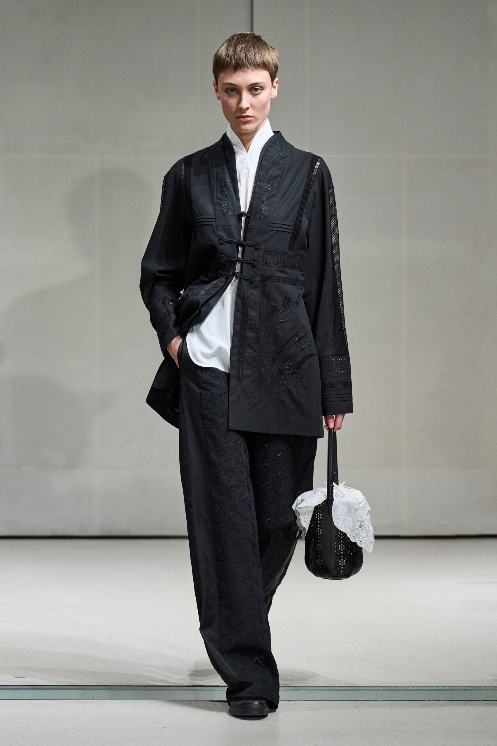 black frog-closure embroidered tunic jacket