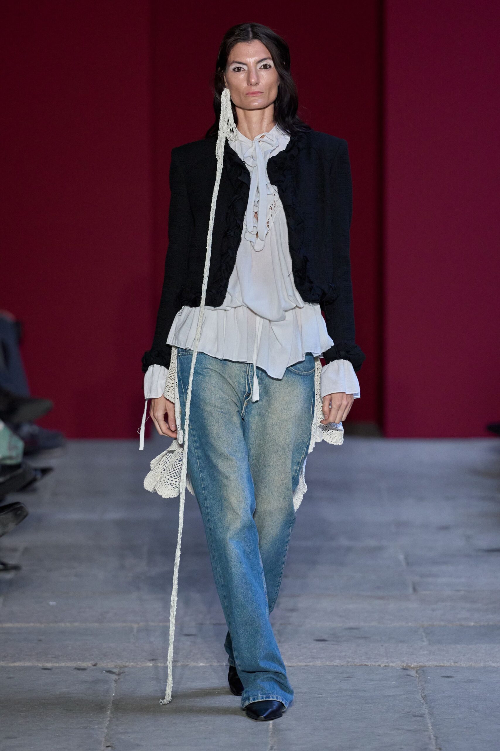 white chiffon long-sleeve high-neck ruffled draped flowing blouse
