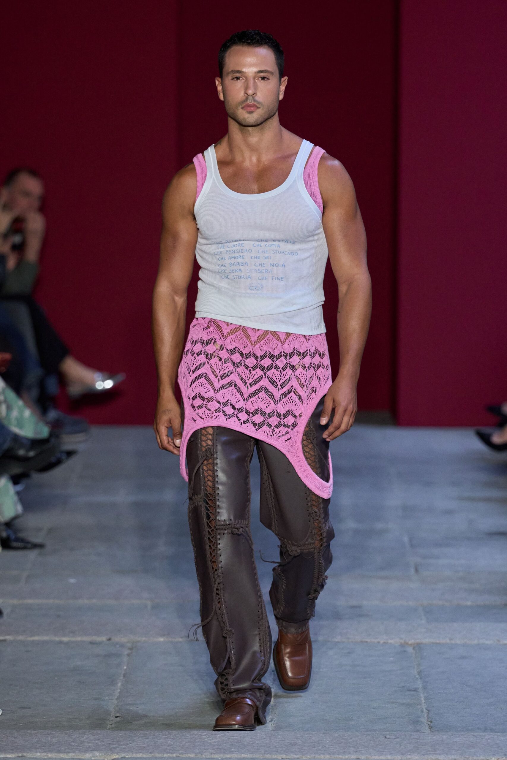 brown leather panelled distressed textured pants