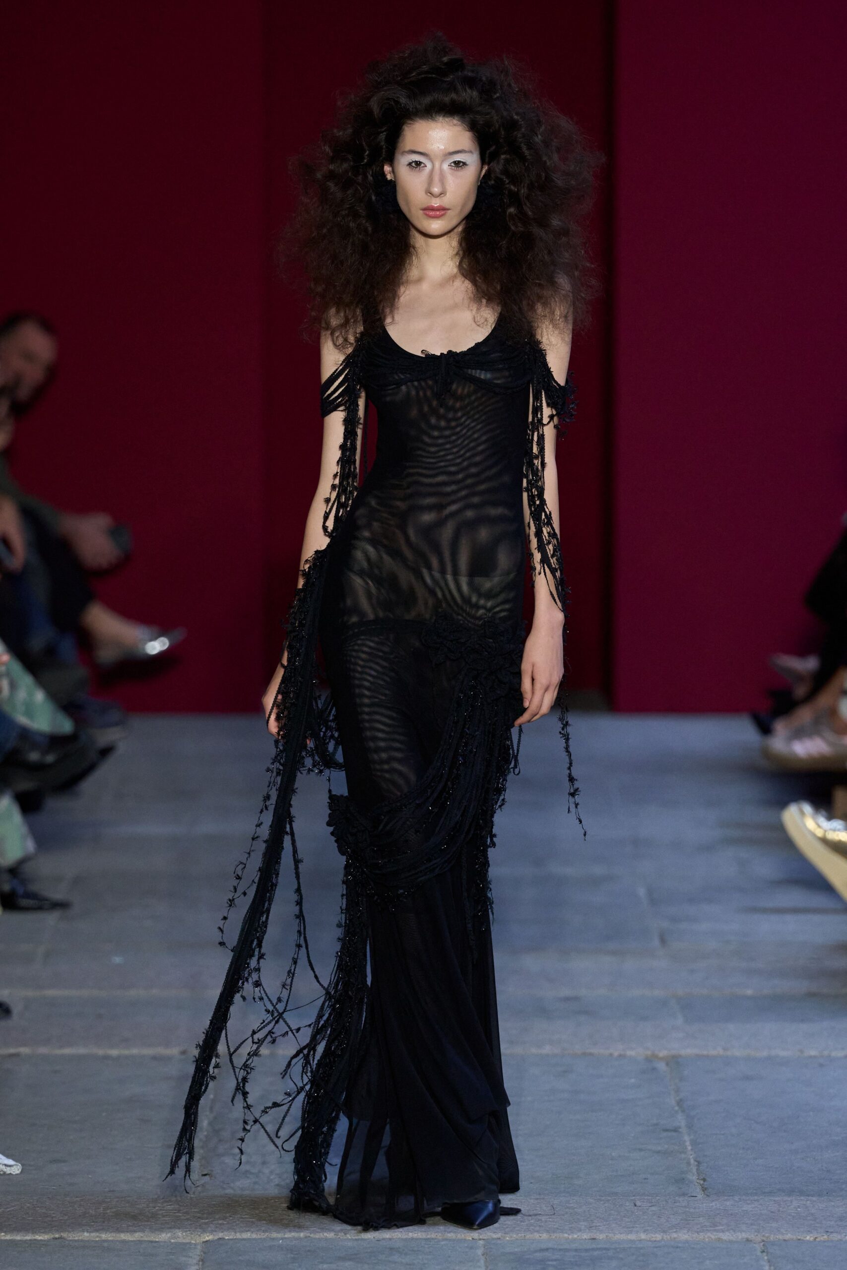 Black mesh column gown, ruched cups and rippling sheer panels over the body. Detached beaded fringe trails from the upper arms to the floor. Pointed black satin toes barely breaking the hem. Crossing a stone cloister after midnight mass, hem drinking in the damp.