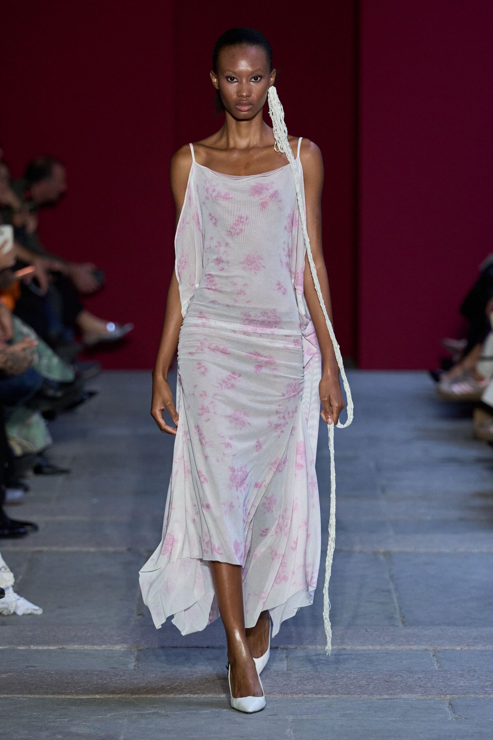 white mesh spaghetti-strap scoop-neck floral draped midi-dress