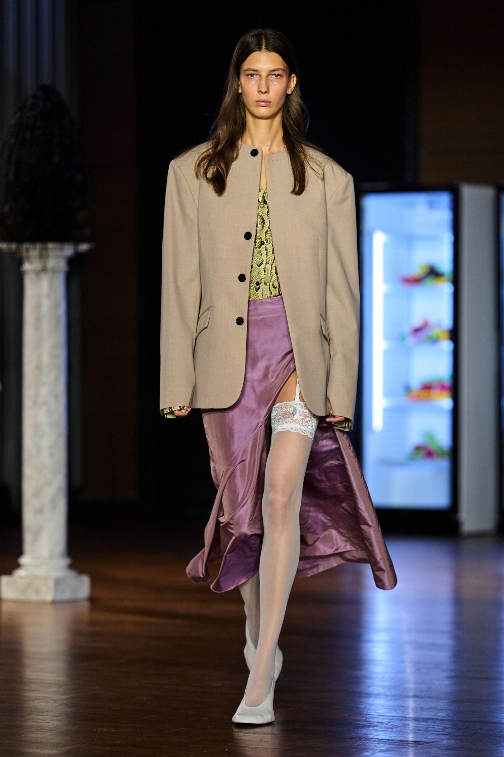 purple bias-cut satin skirt
