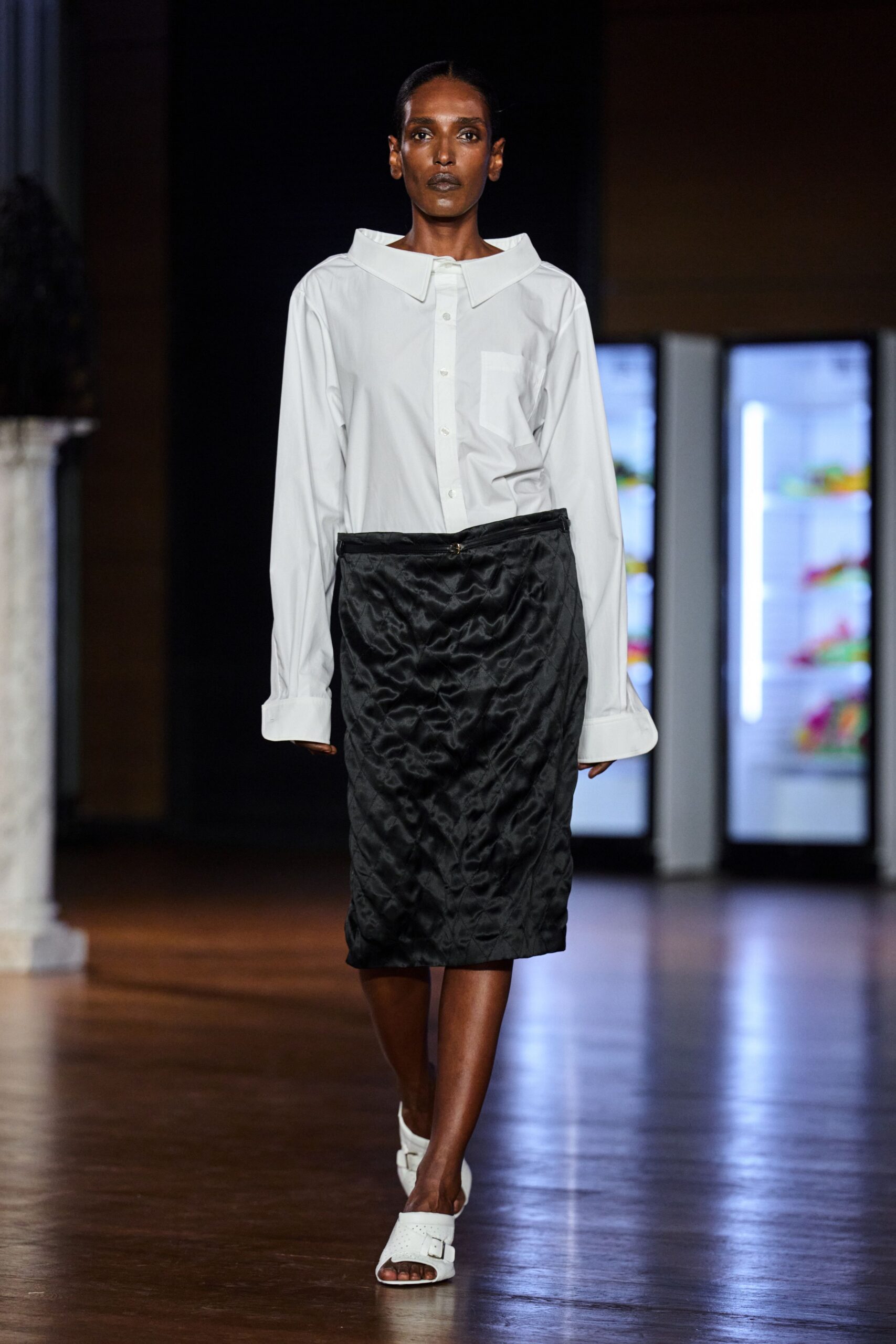 black satin high-waisted ruched shiny midi skirt