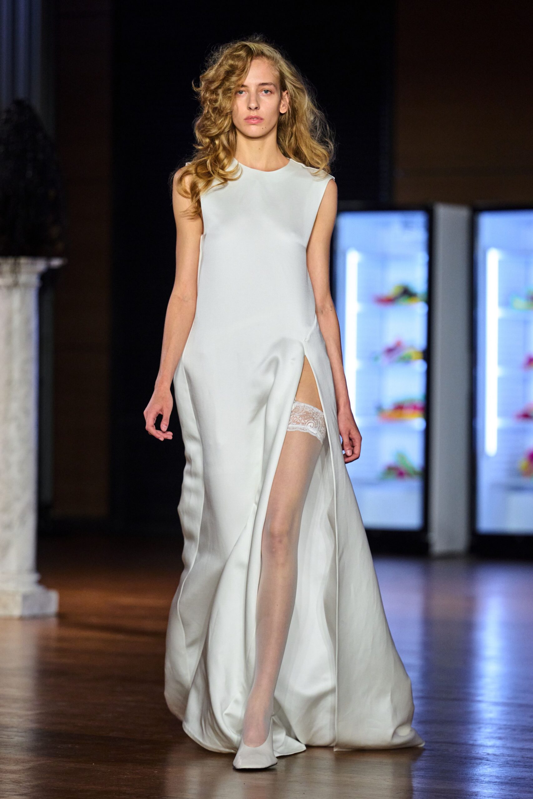 ivory satin slit evening gown
