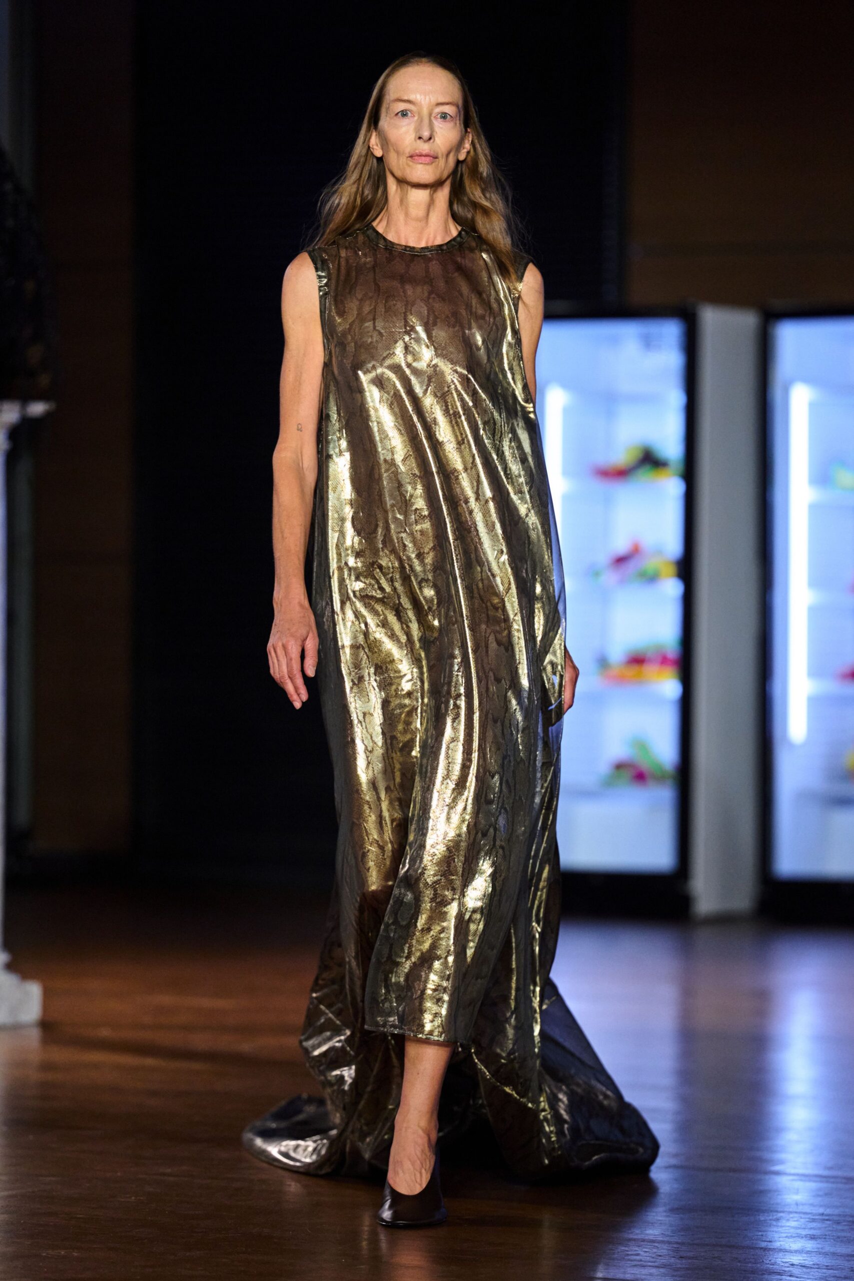 metallic python-effect sleeveless evening gown