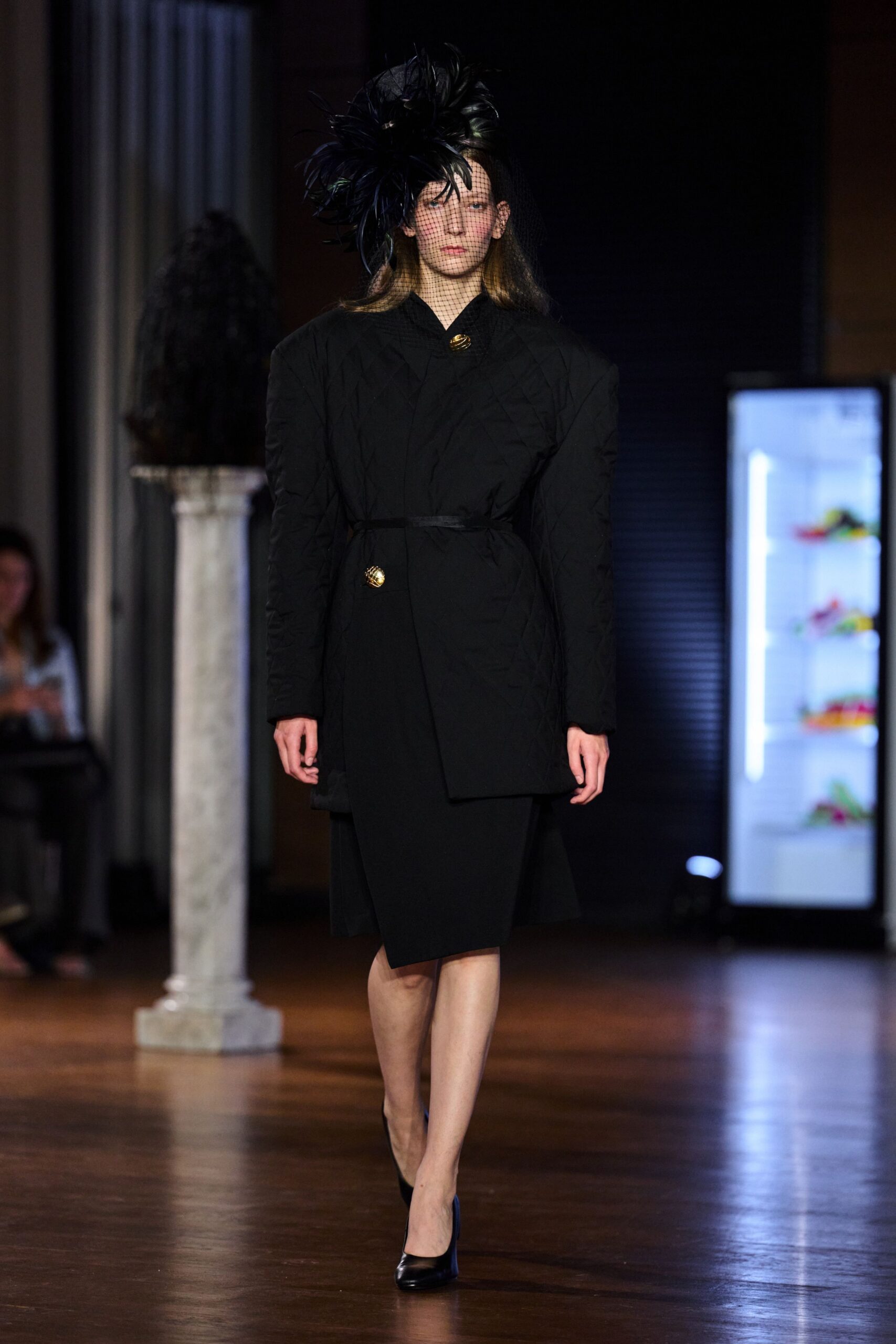 black quilted belted coat dress