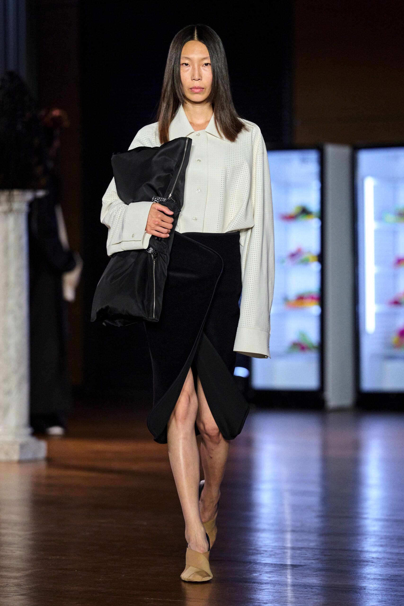 black unknown slit asymmetric structured midi skirt