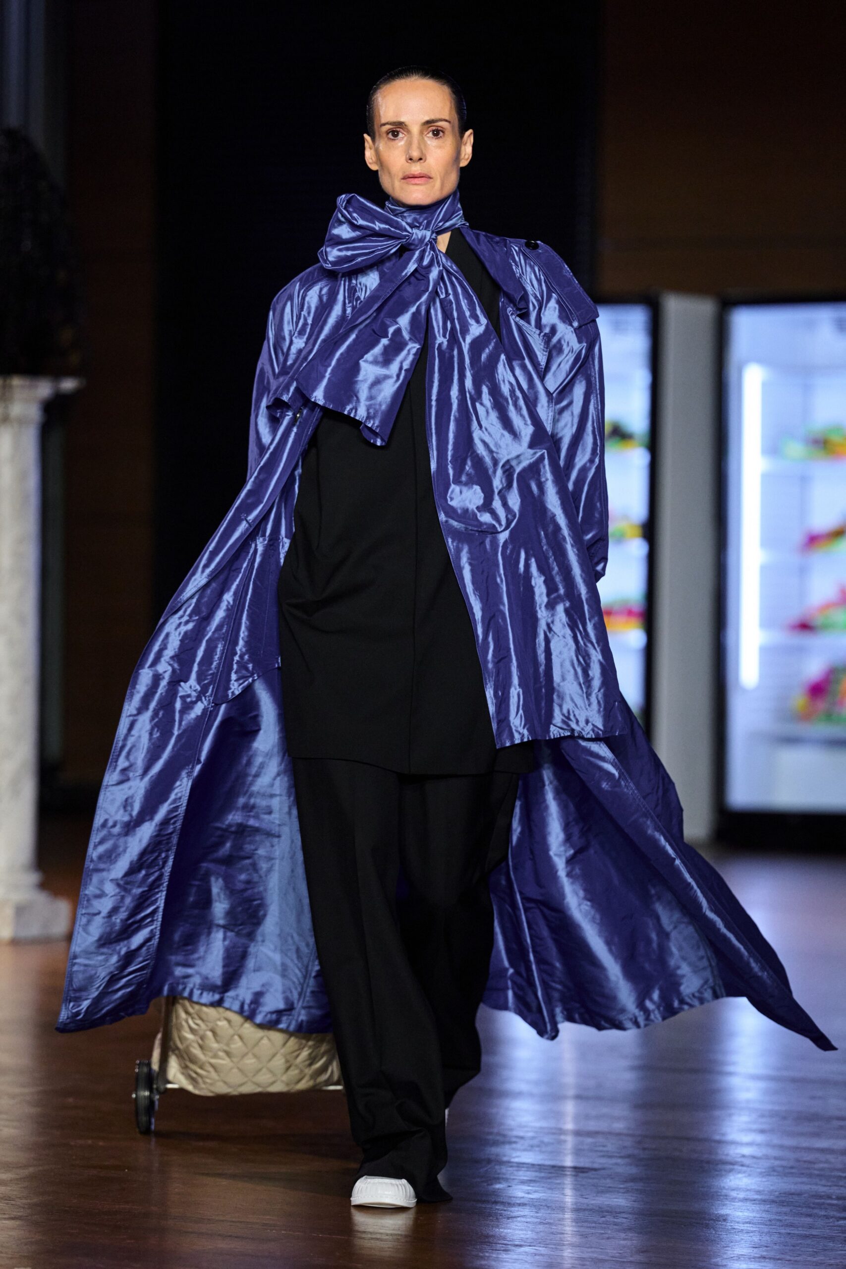 purple bow-neck opera coat