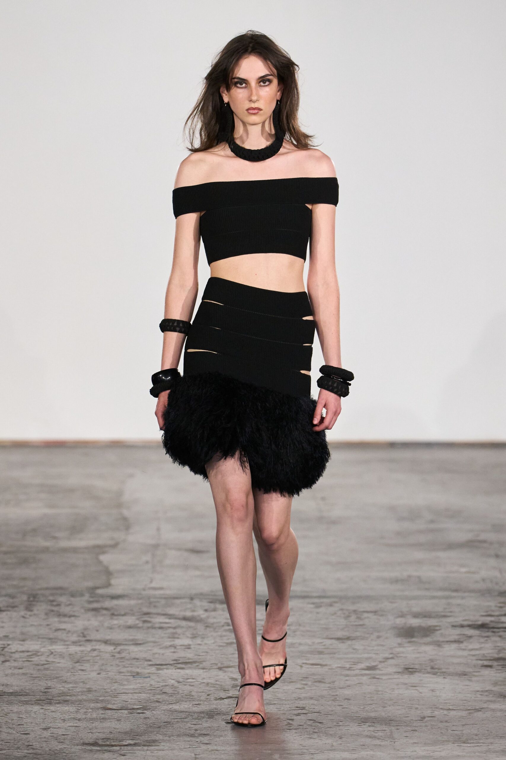 black feather-hem cutout mini skirt