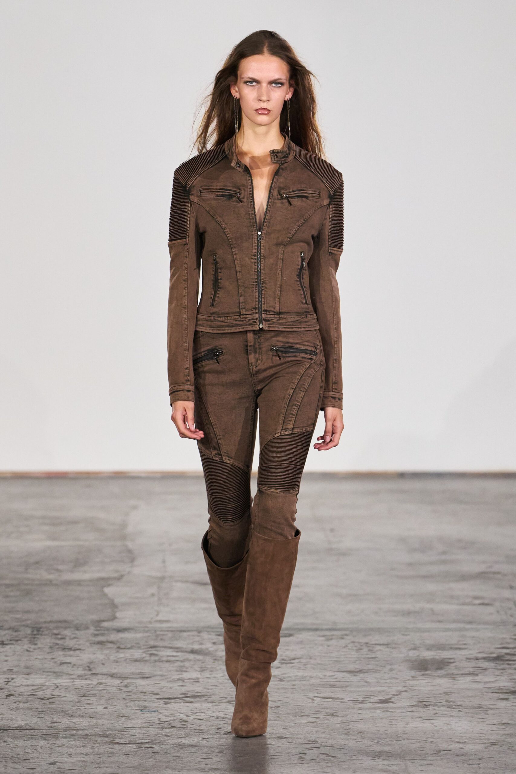 brown moto jacket with ribbed panels