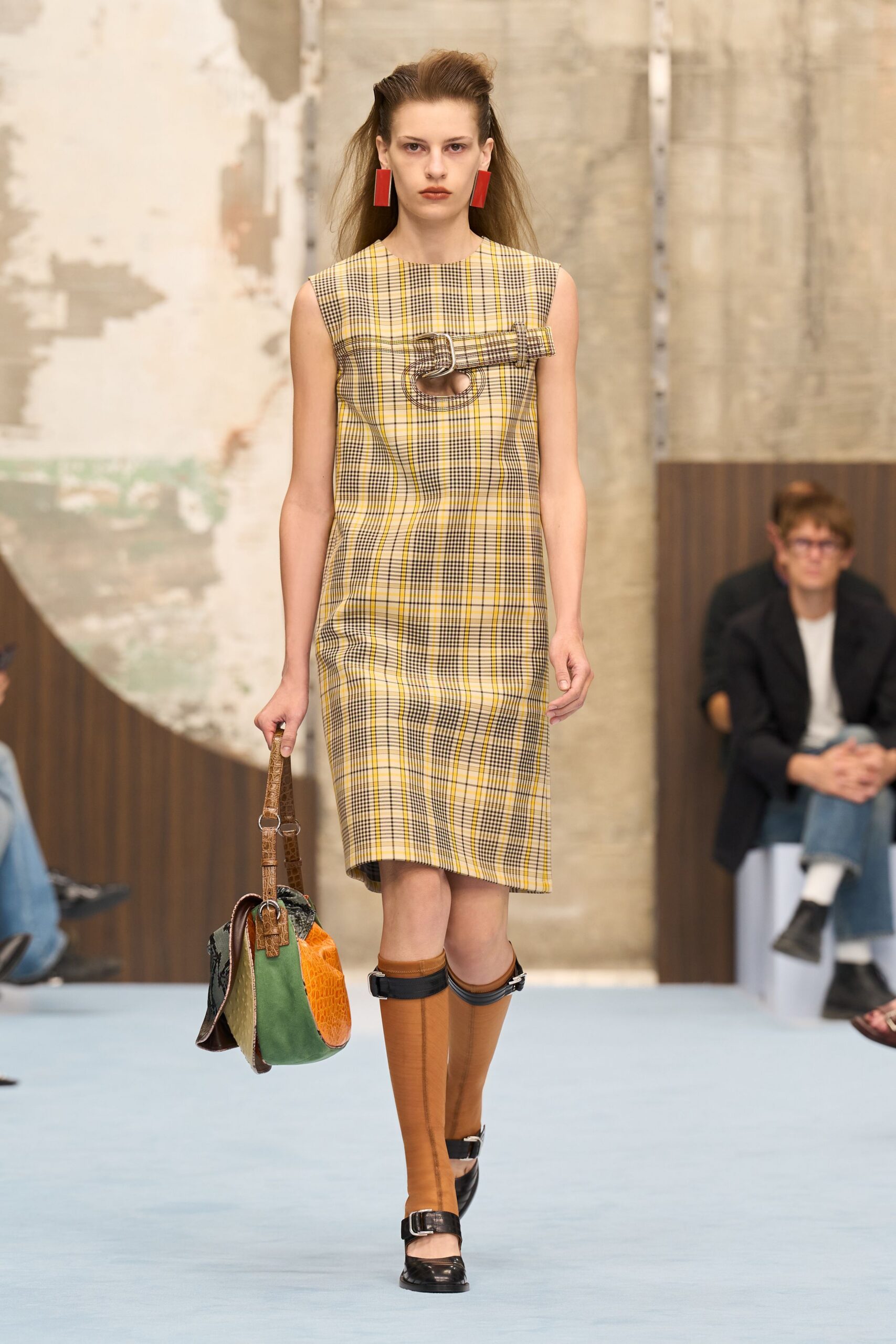 checked cutout buckle midi dress
