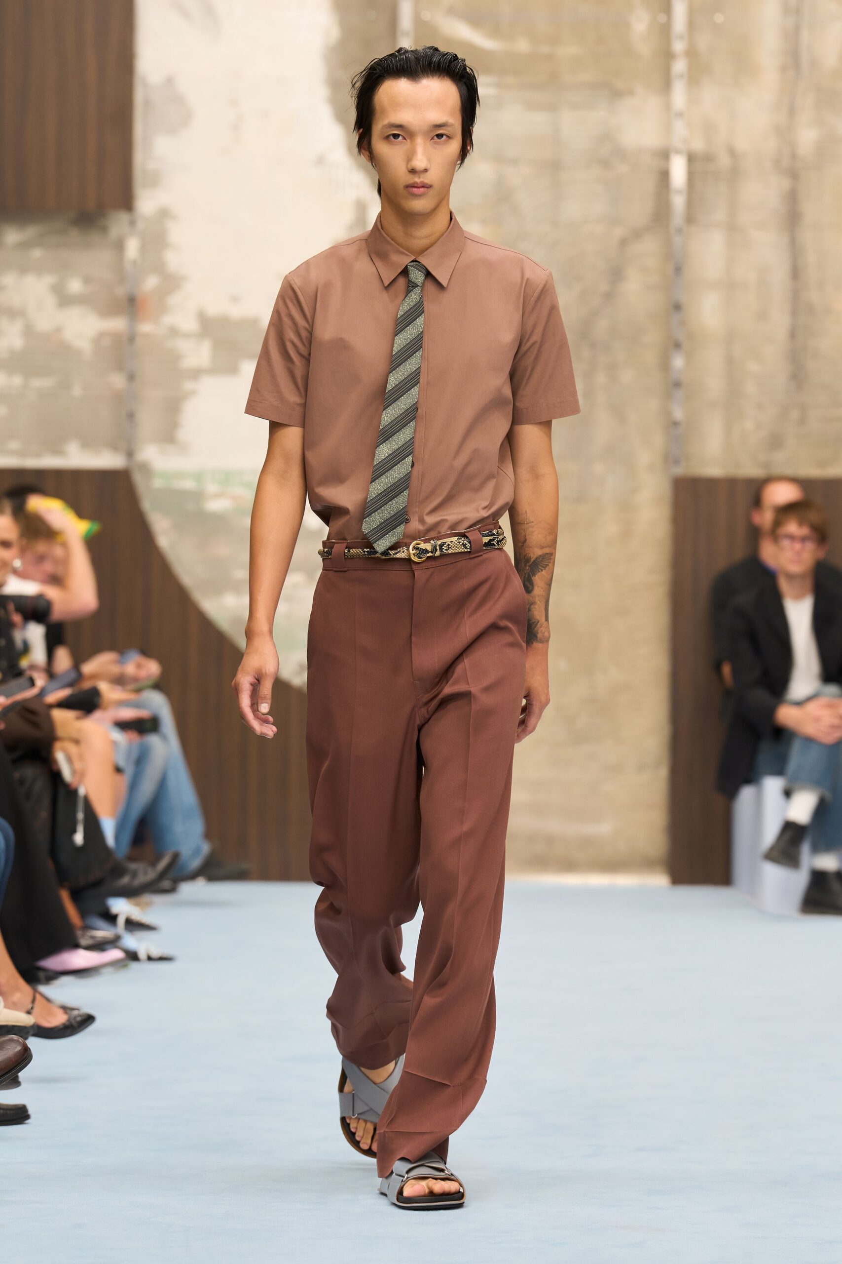 python belt with brown tailored trousers