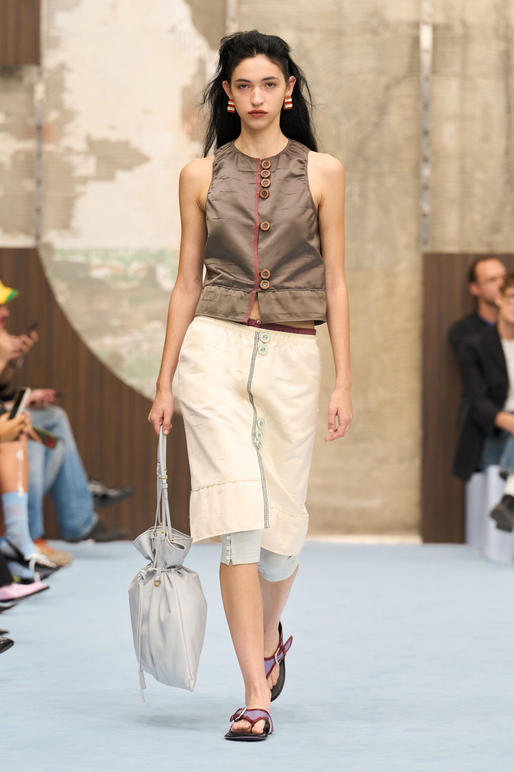 brown satin sleeveless high-neck buttoned shiny cropped top