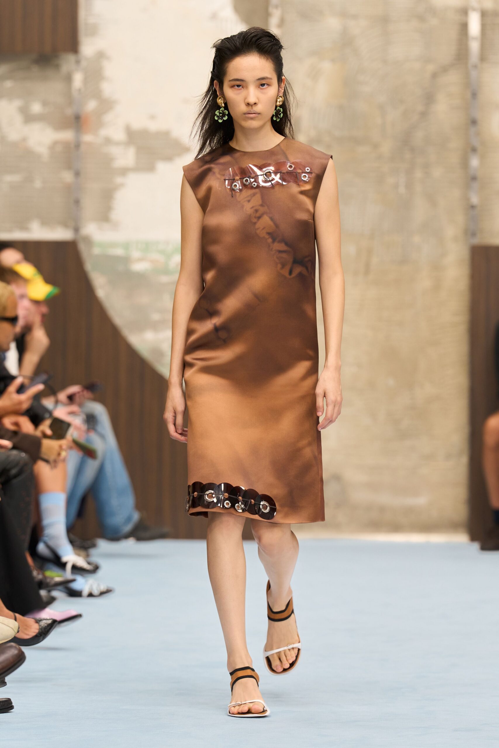 brown satin embellished midi dress