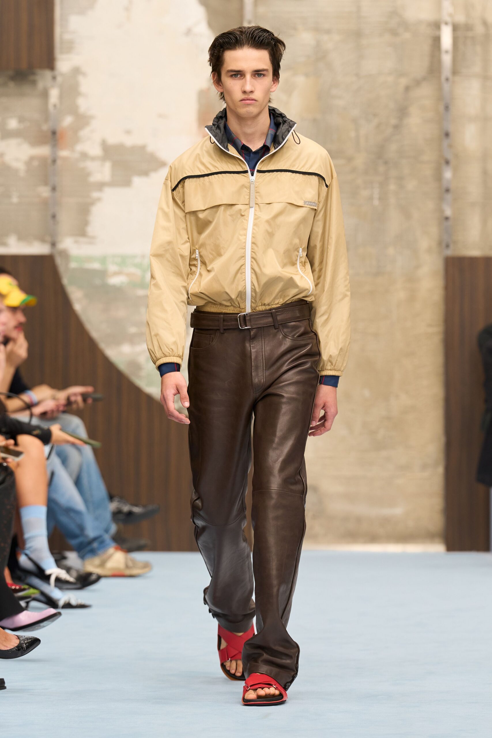 beige hooded nylon windbreaker