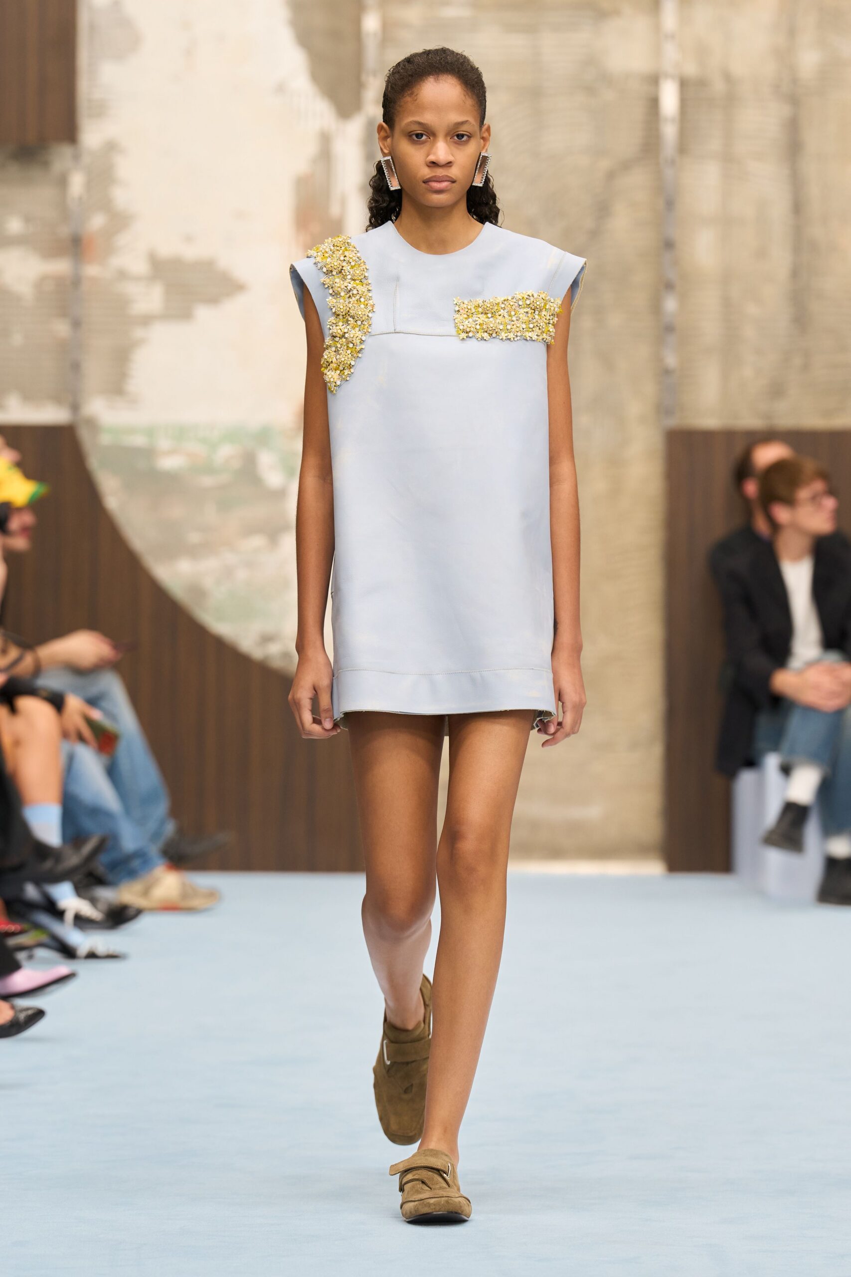 blue mini shift dress with floral appliqué