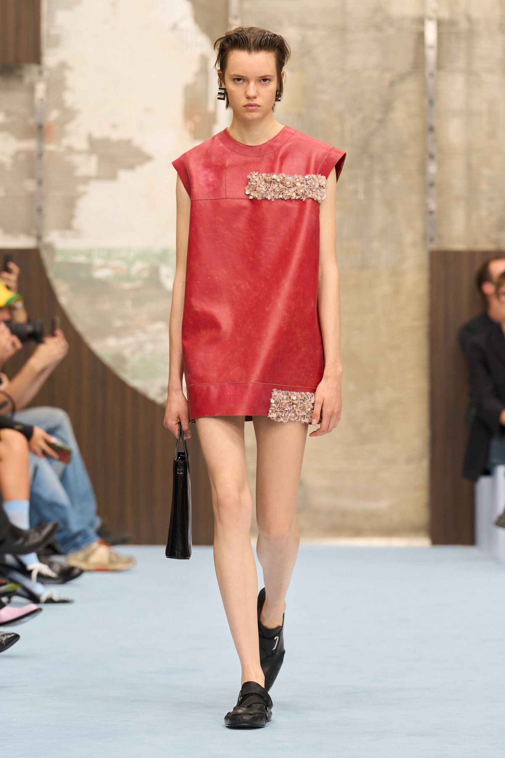 red leather embellished shift mini dress