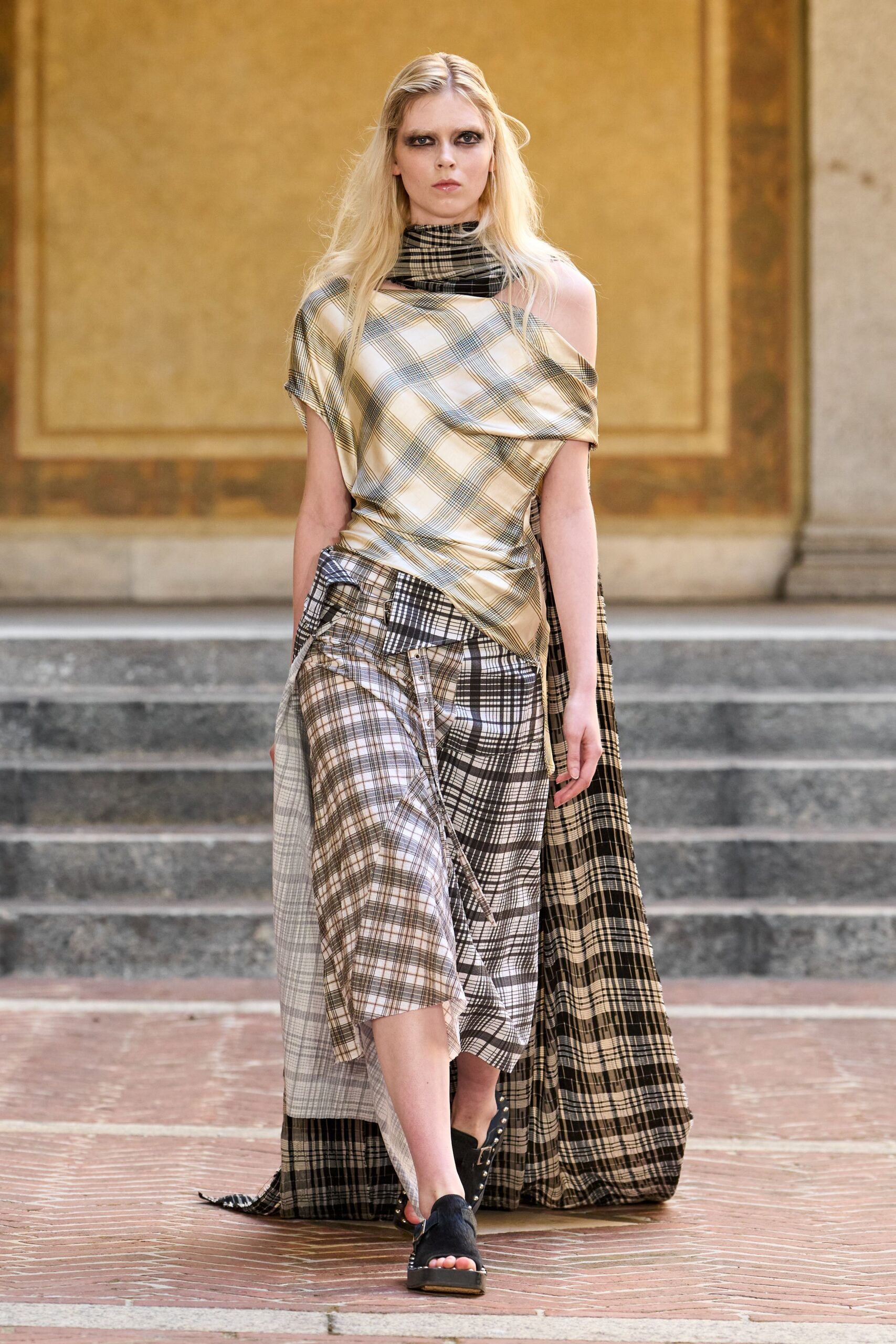 beige satin off-shoulder short-sleeve checked draped dress