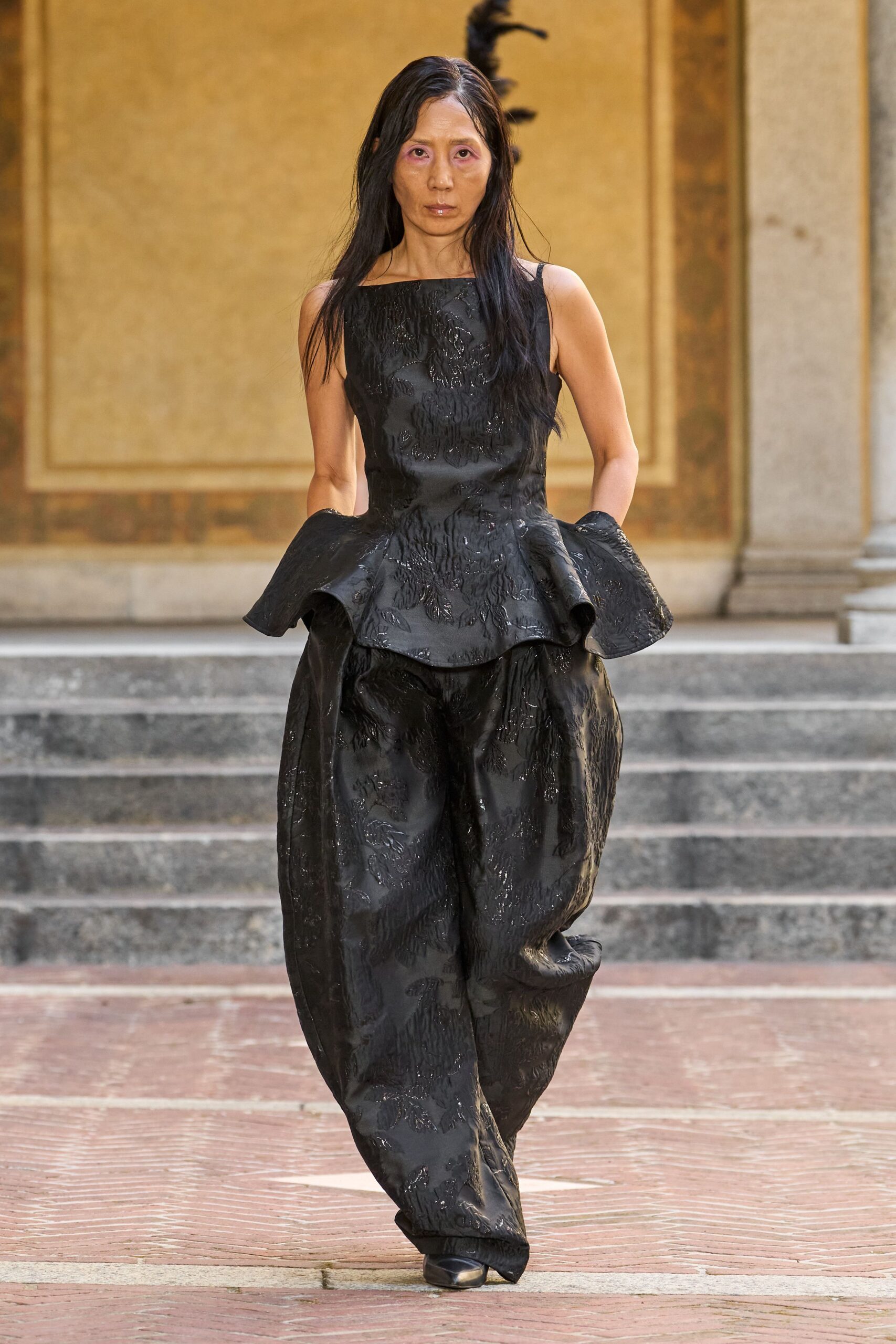 black jacquard relaxed wide-leg embroidered textured shiny pants
