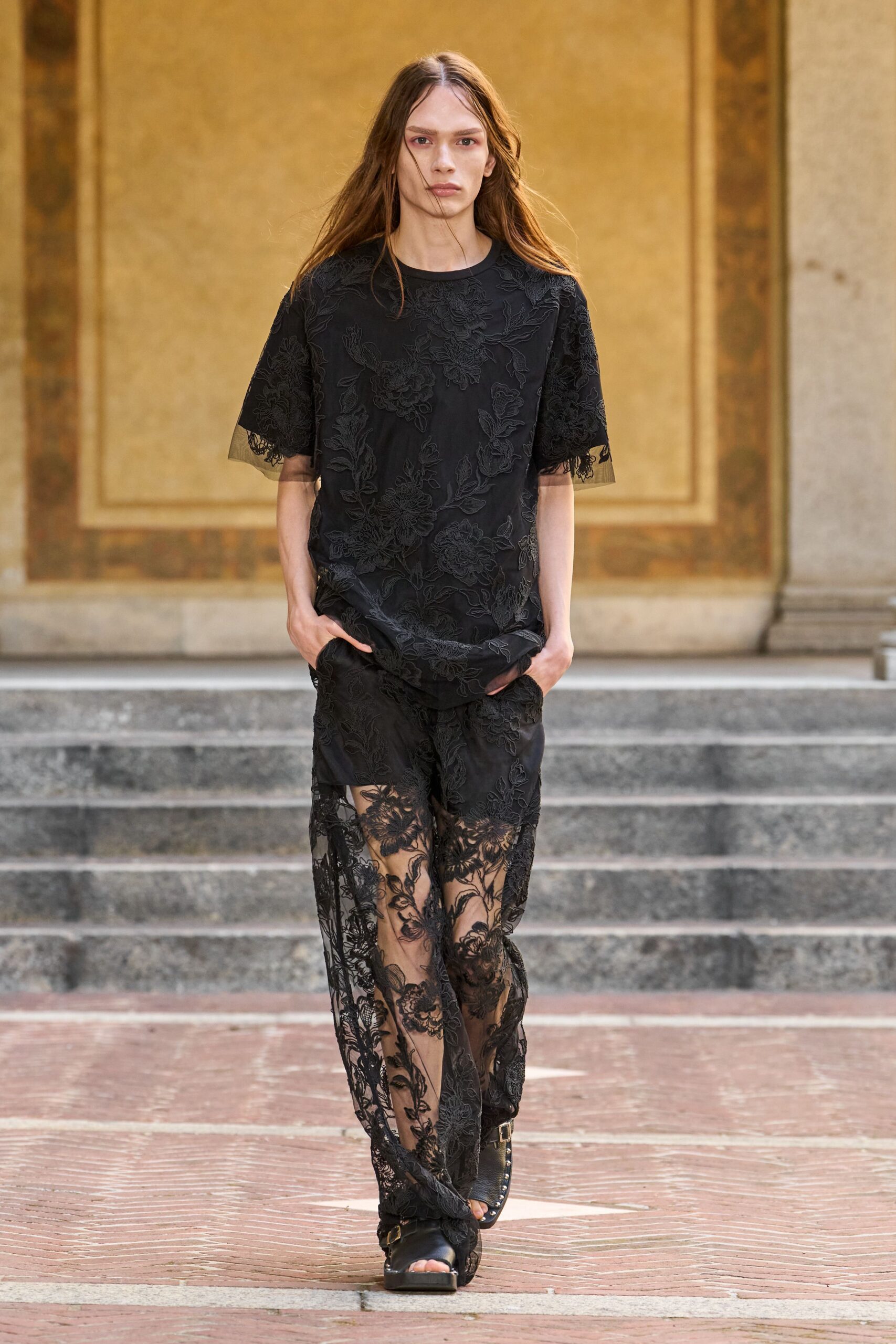 black organza relaxed floral embroidered sheer textured pants