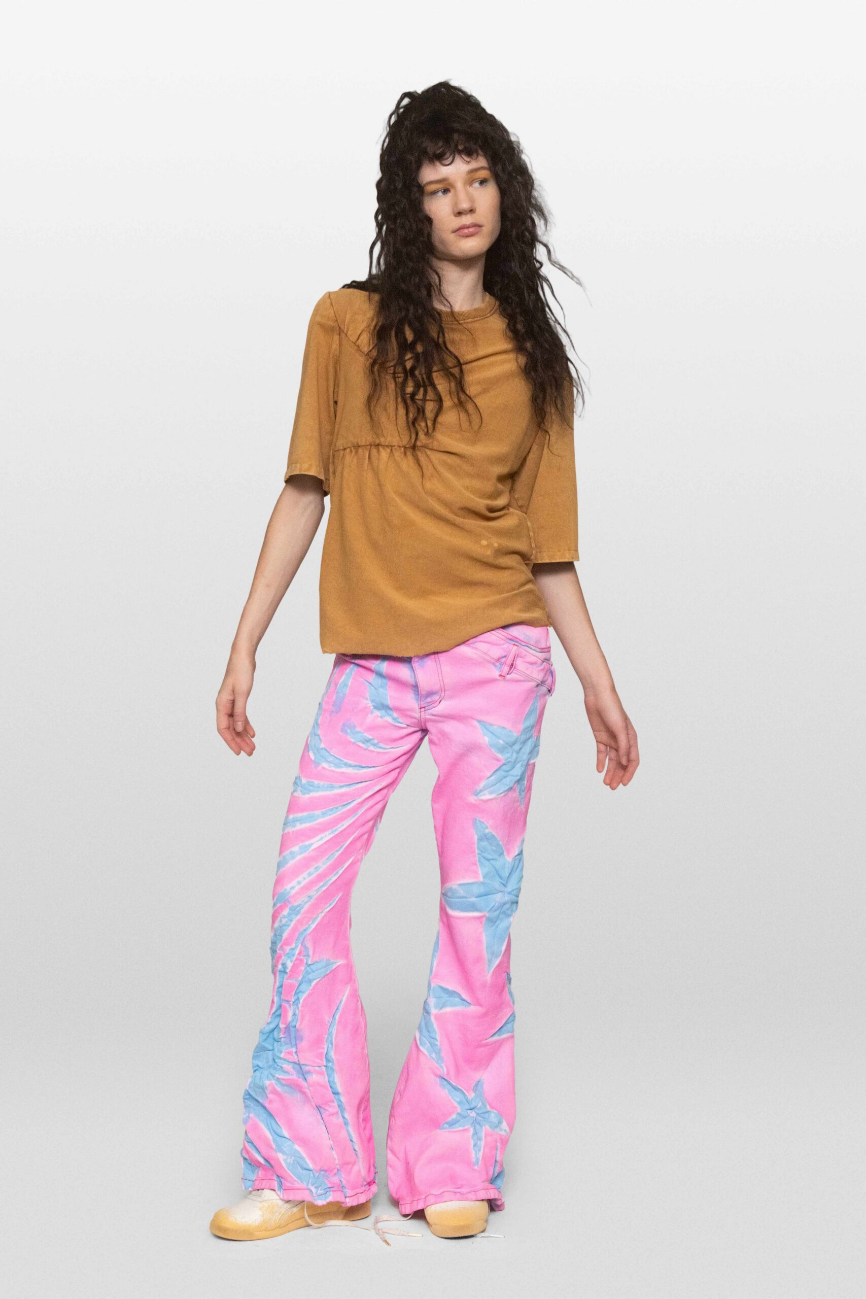 pink tropical-print flared pants