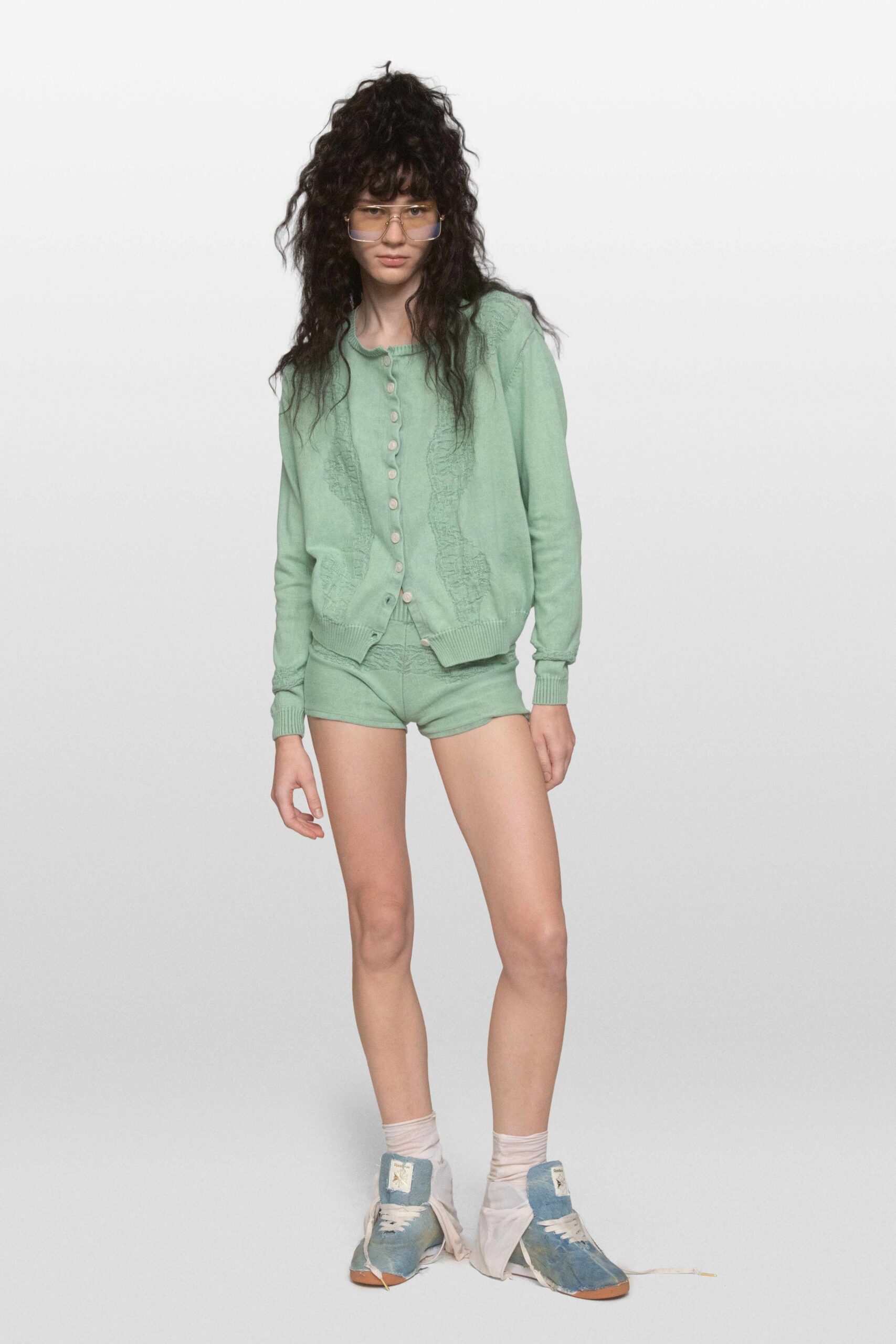 mint knit cardigan and shorts set