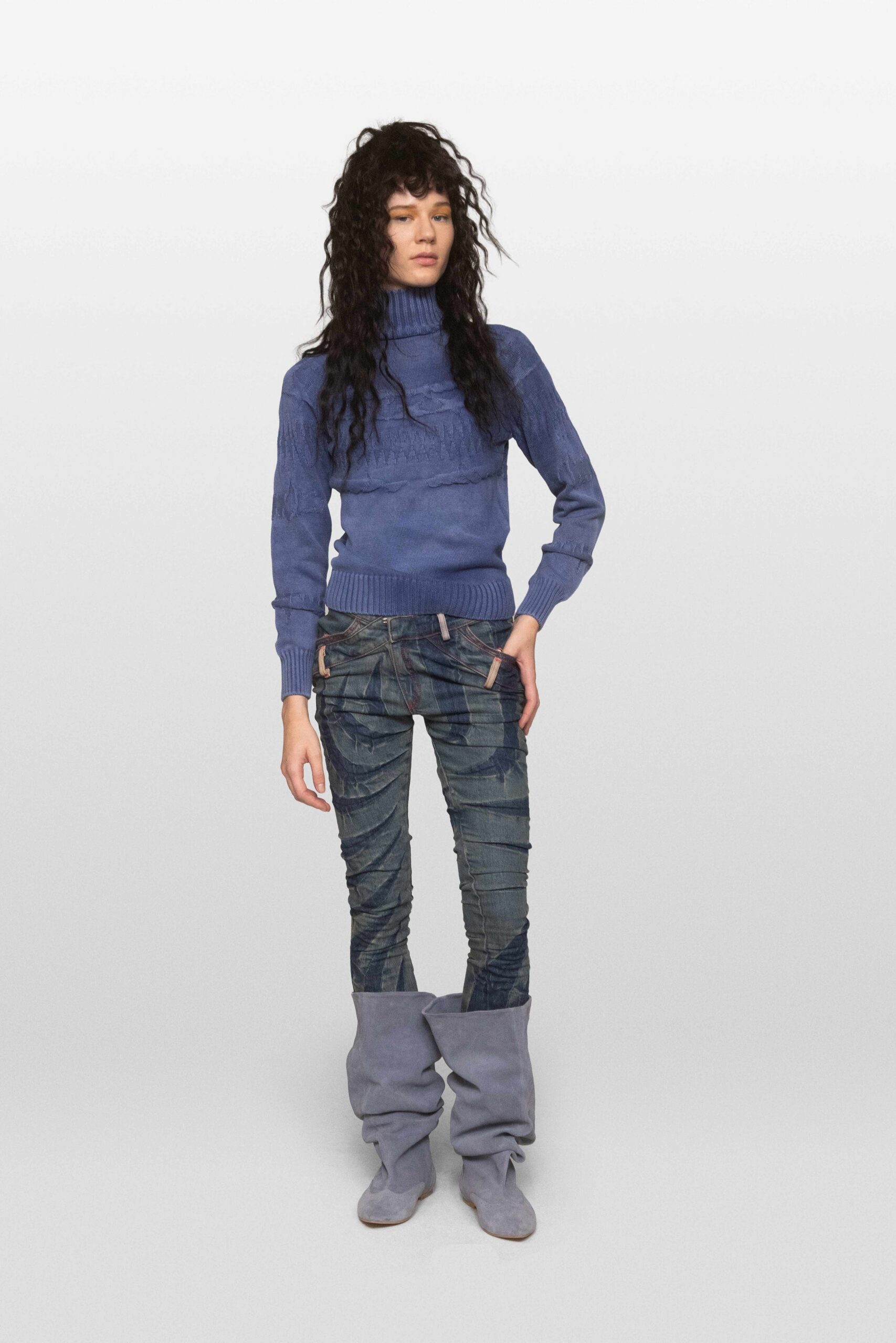 blue knit long-sleeve turtleneck fitted ribbed ruched sweater