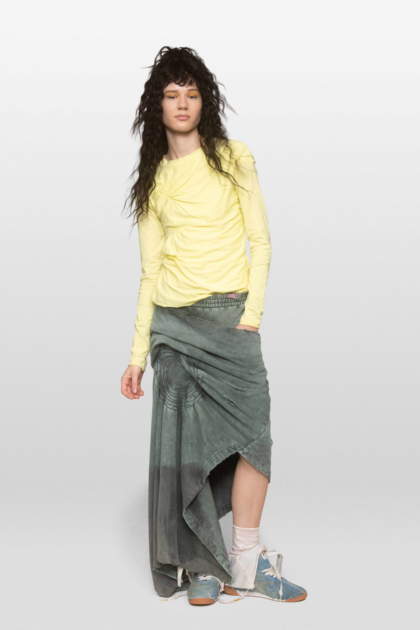 yellow jersey long-sleeve boat-neck fitted ruched draped top