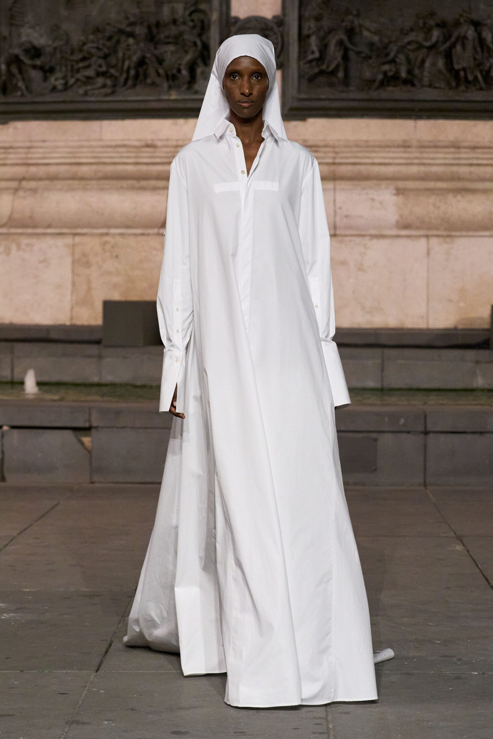 white cotton long-sleeve collared oversized buttoned flowing maxi-dress