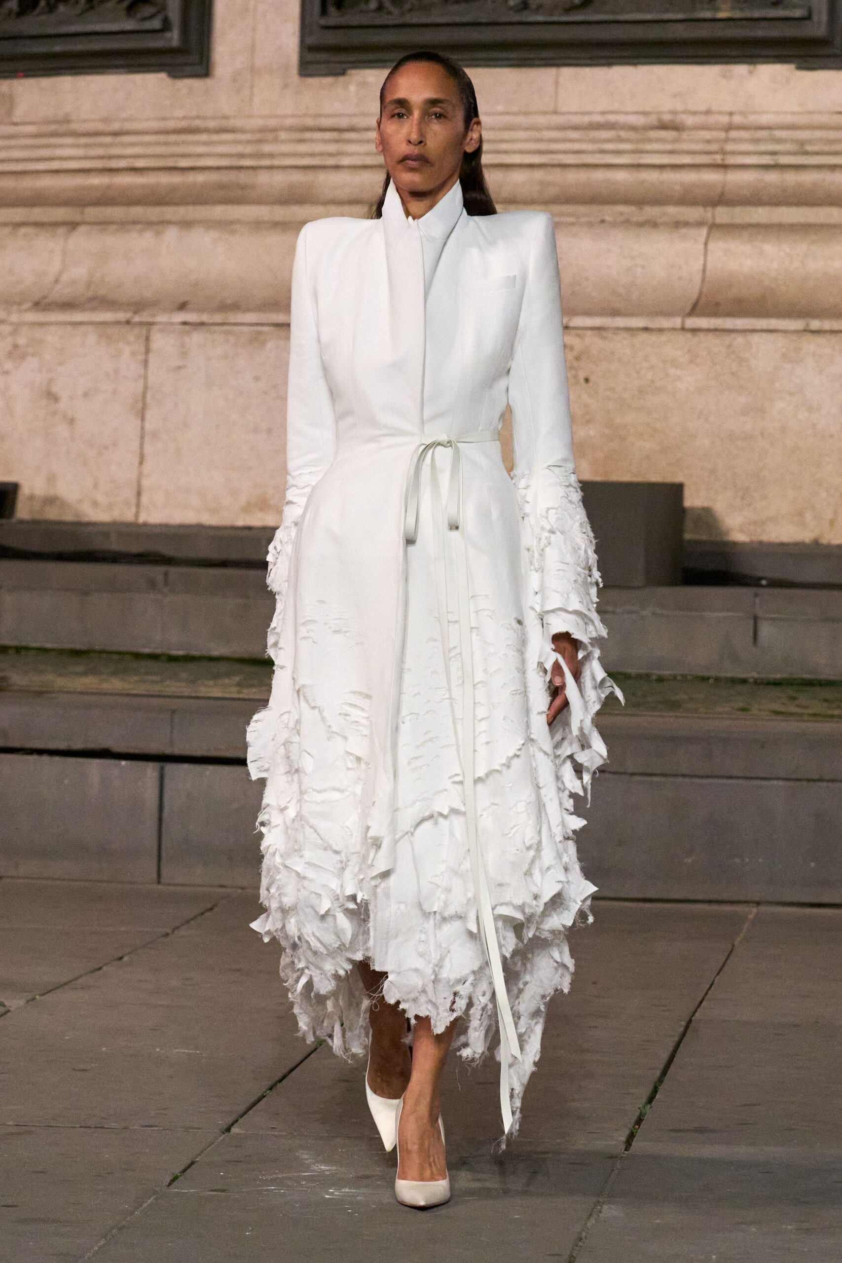 white unknown long-sleeve high-neck tailored ruffled belted dress