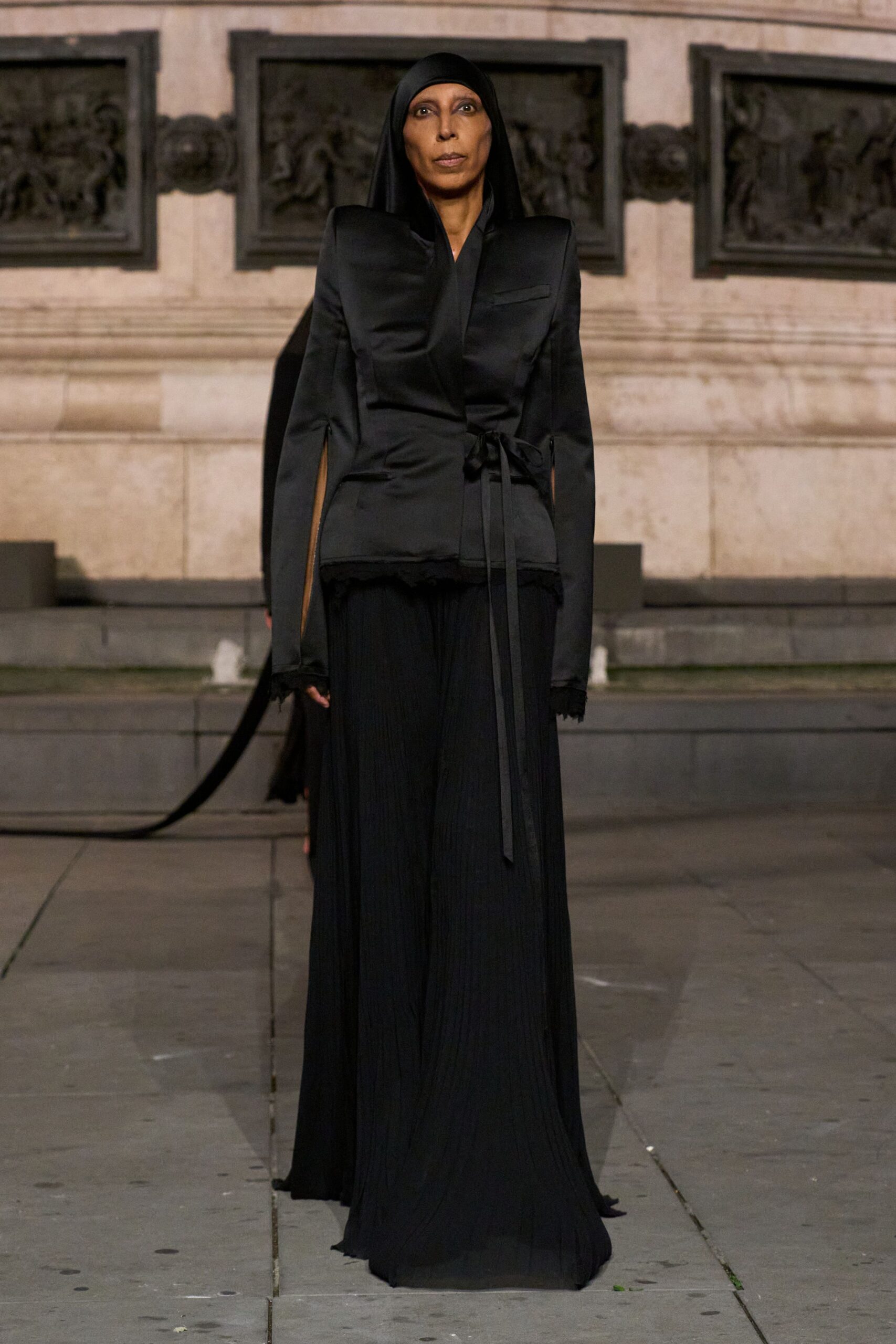 black satin long-sleeve collared tailored belted knotted blazer