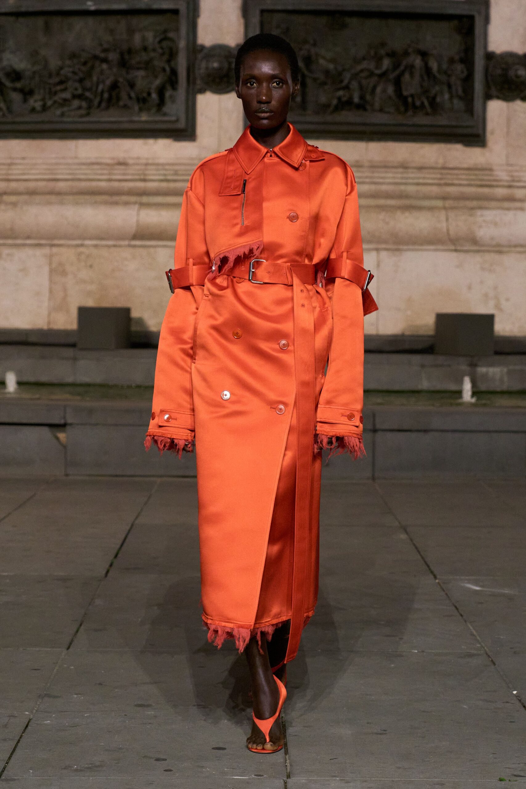 orange satin long-sleeve collared oversized belted buttoned trench