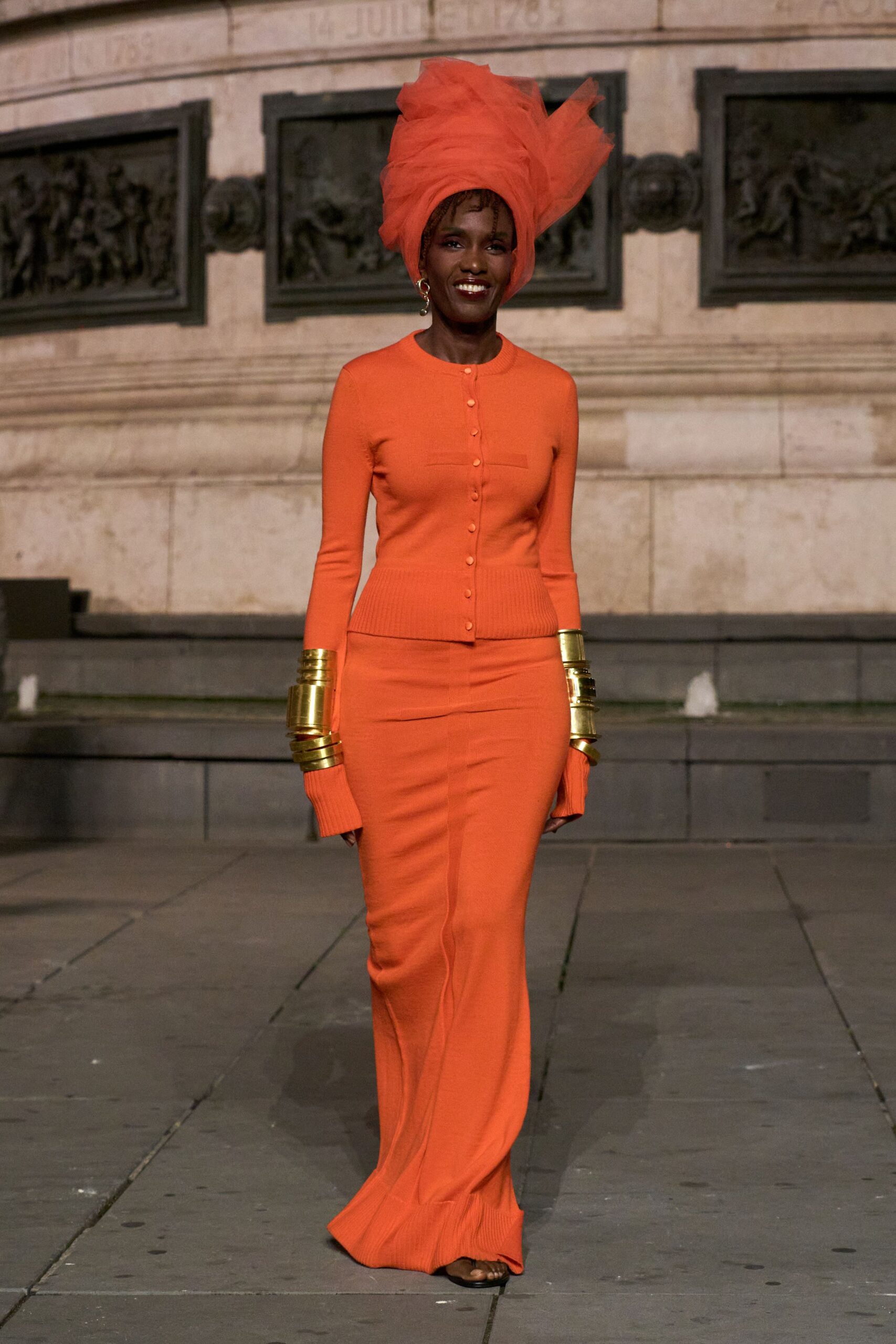 orange knit fitted ribbed textured maxi skirt