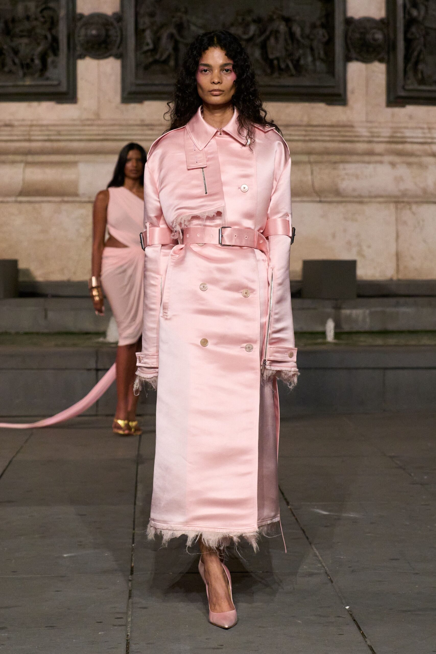 pink satin long-sleeve collared tailored belted buttoned coat