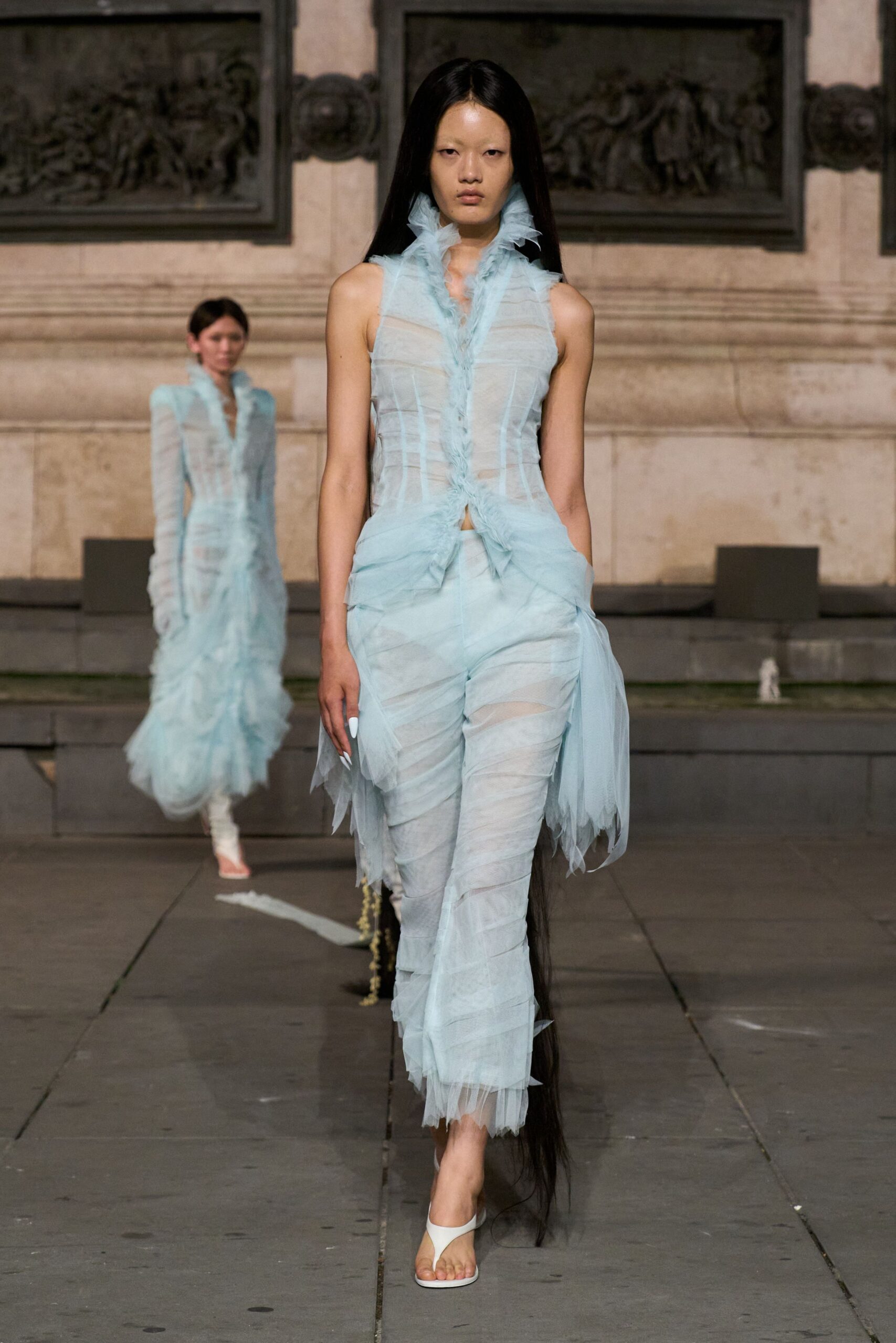 blue tulle sleeveless high-neck fitted ruched layered jumpsuit