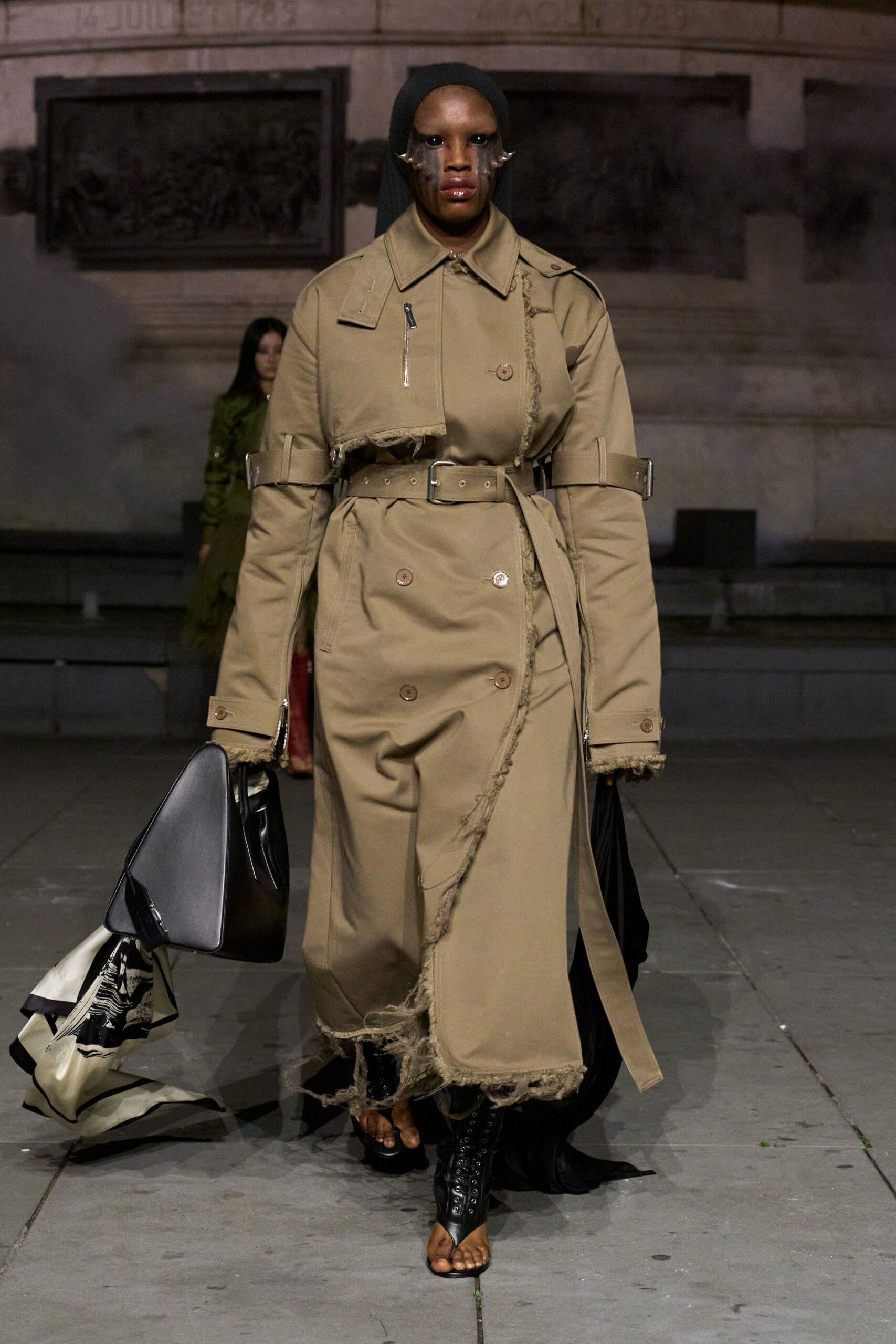 beige cotton long-sleeve collared tailored belted buttoned trench