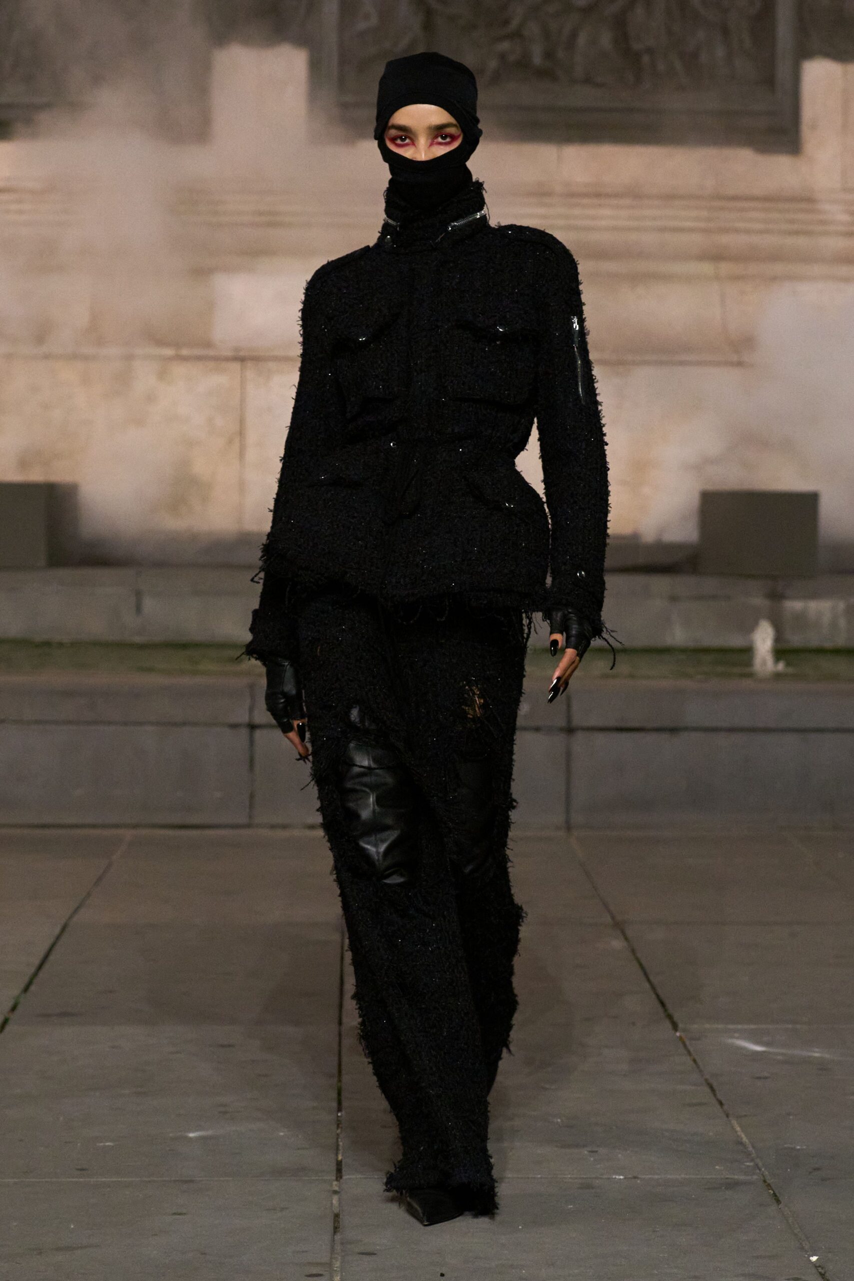 black tweed straight-leg panelled textured pants