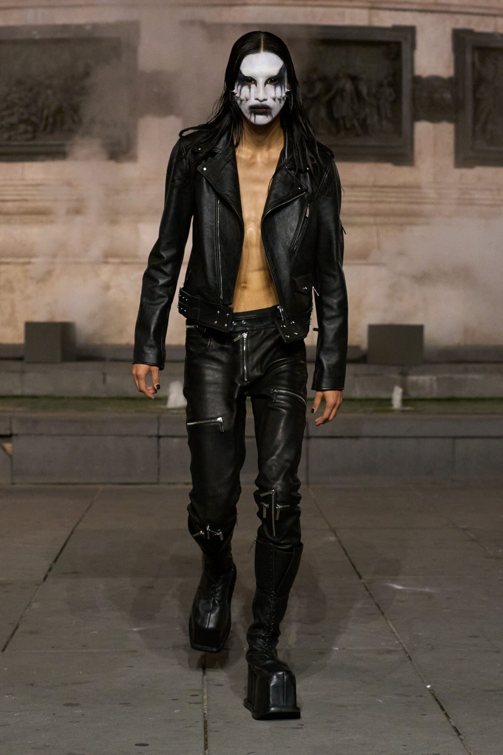 black leather slim zippered cargo shiny pants