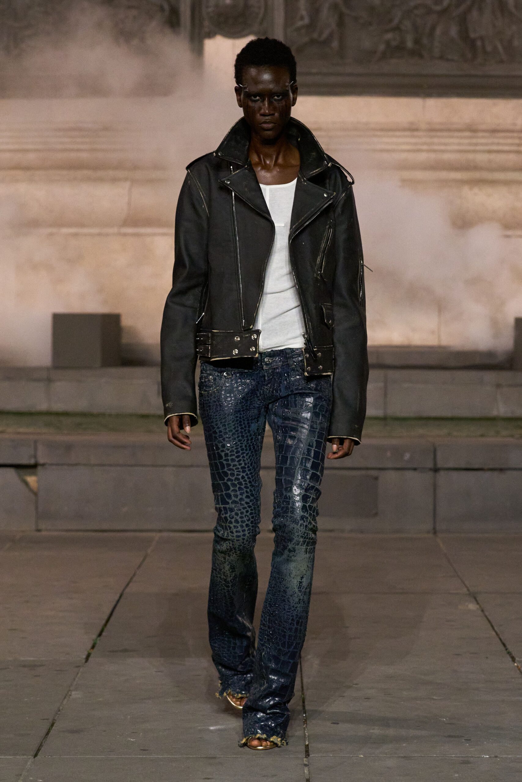 black leather long-sleeve collared structured zippered buckled jacket