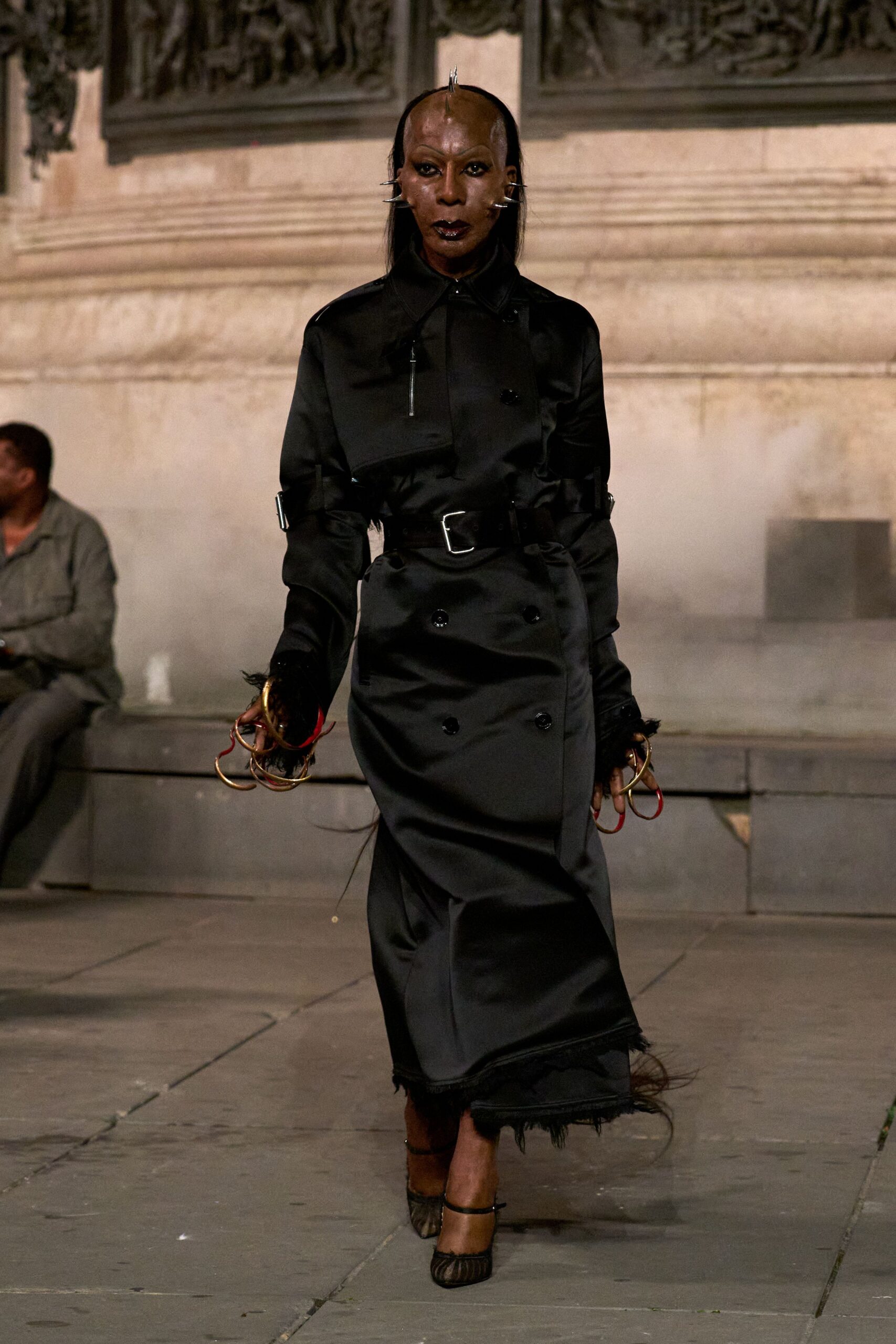 black satin long-sleeve collared tailored belted buttoned coat
