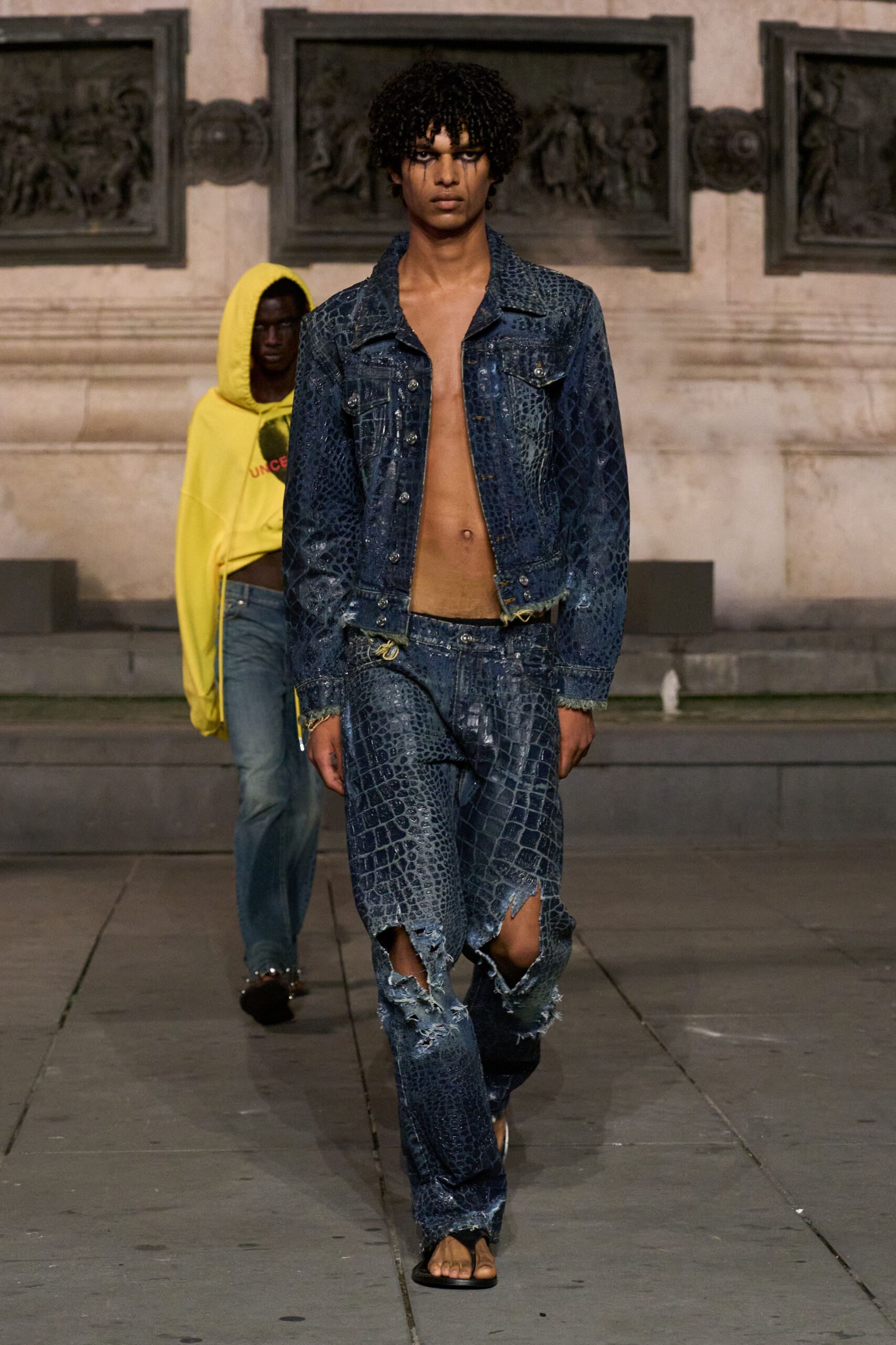 blue denim long-sleeve collared structured animal-print buttoned jacket