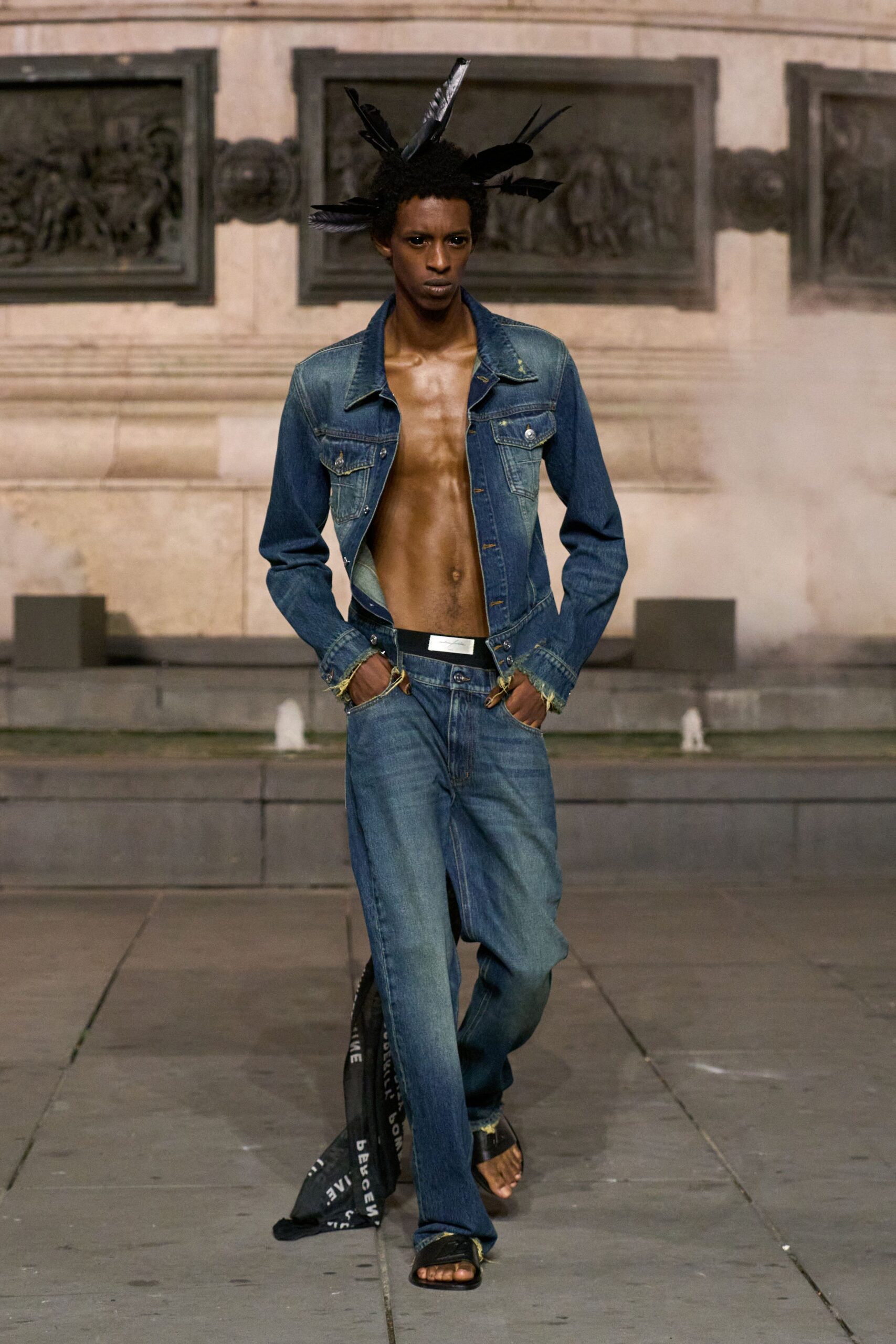 blue denim long-sleeve collared fitted buttoned distressed jacket