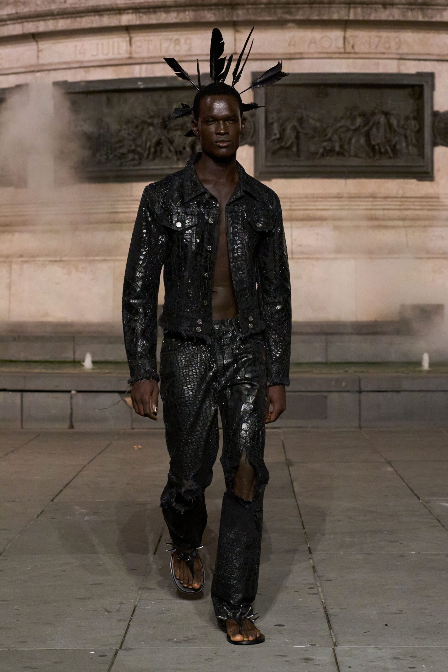 black leather slim animal-print distressed shiny textured pants