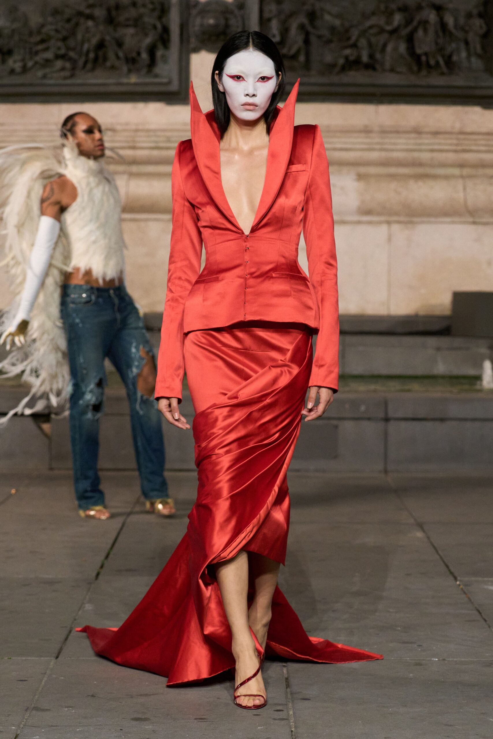 red satin long-sleeve collared tailored buttoned shiny blazer